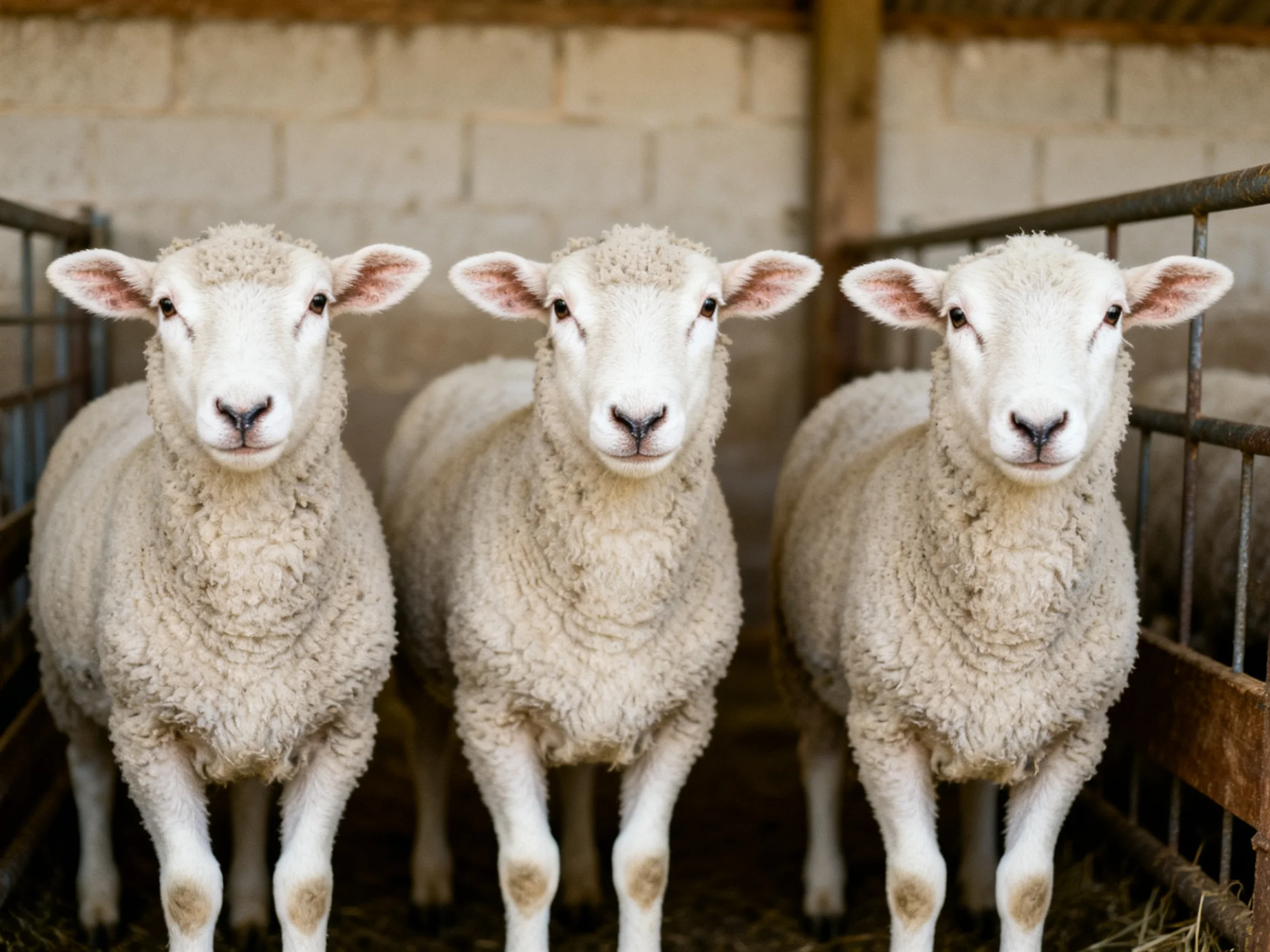 Three fluffy white lambs in a barn enclosure