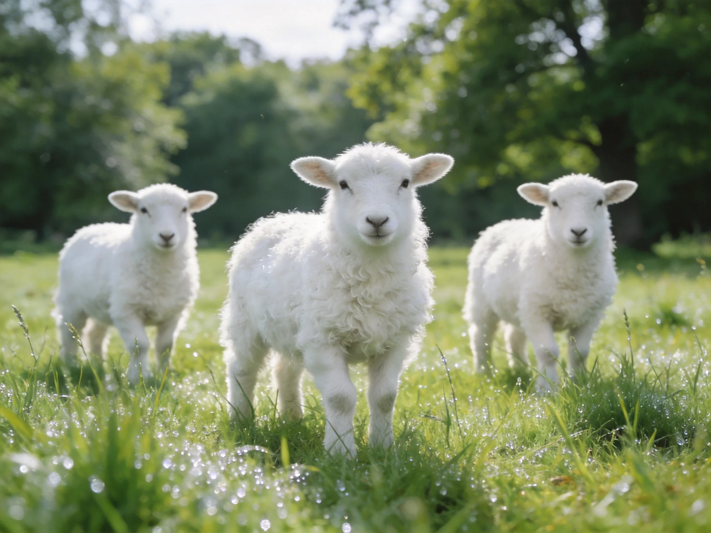 Three fluffy white lambs in a dewy green meadow