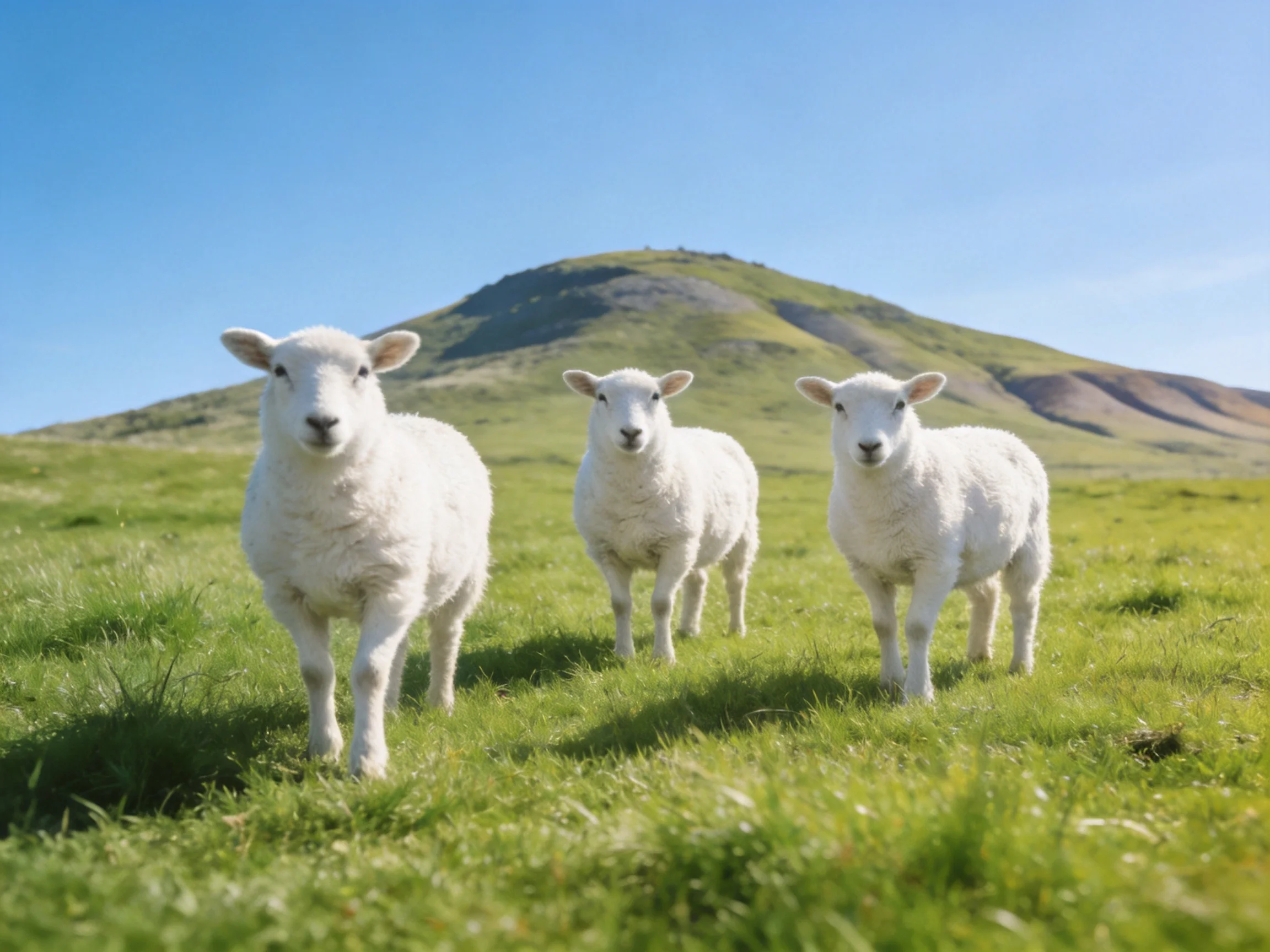 Three young sheep gather in a bright, grassy field with a distant hill.