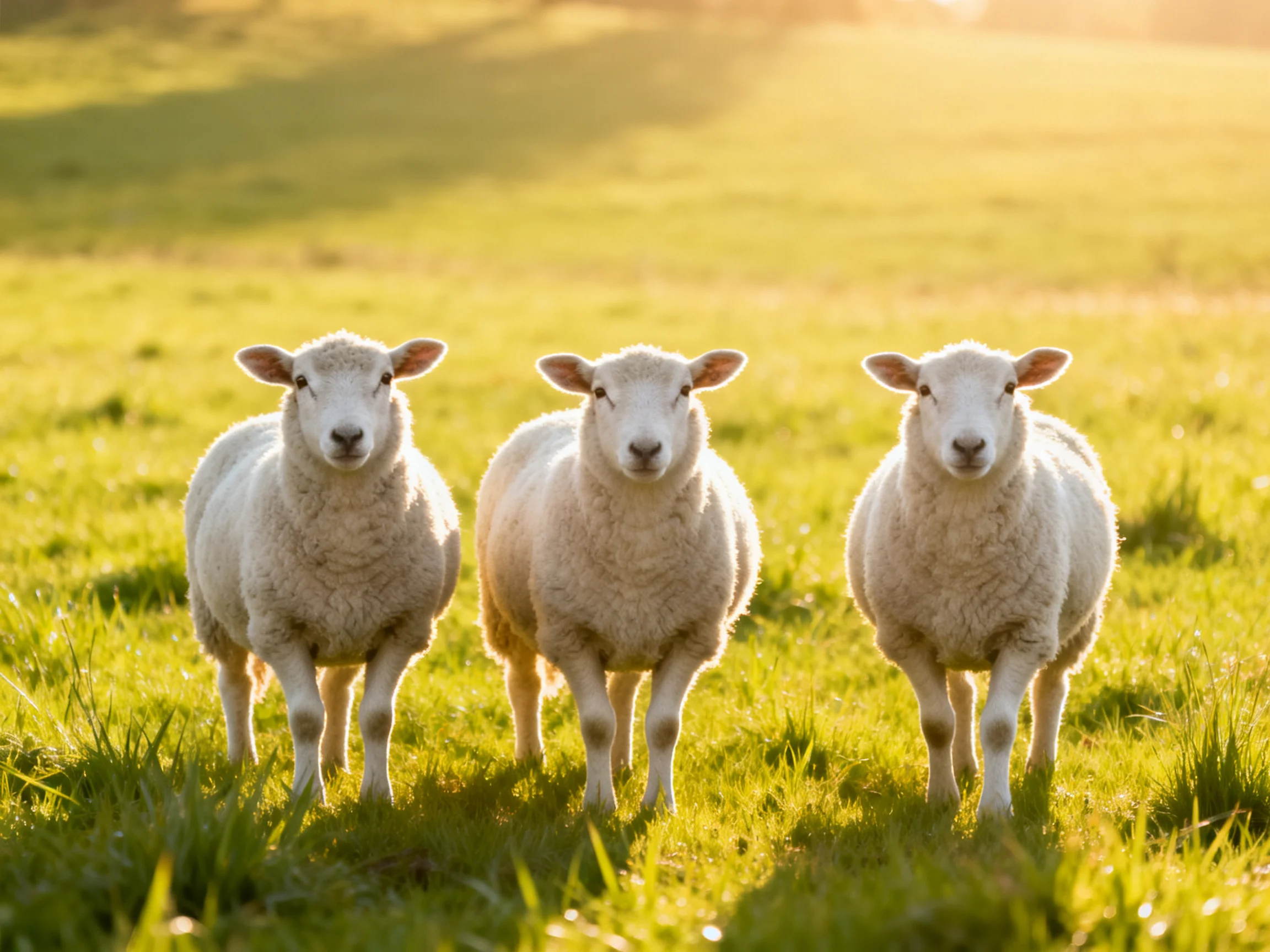 Three fluffy white lambs in a sunlit green pasture