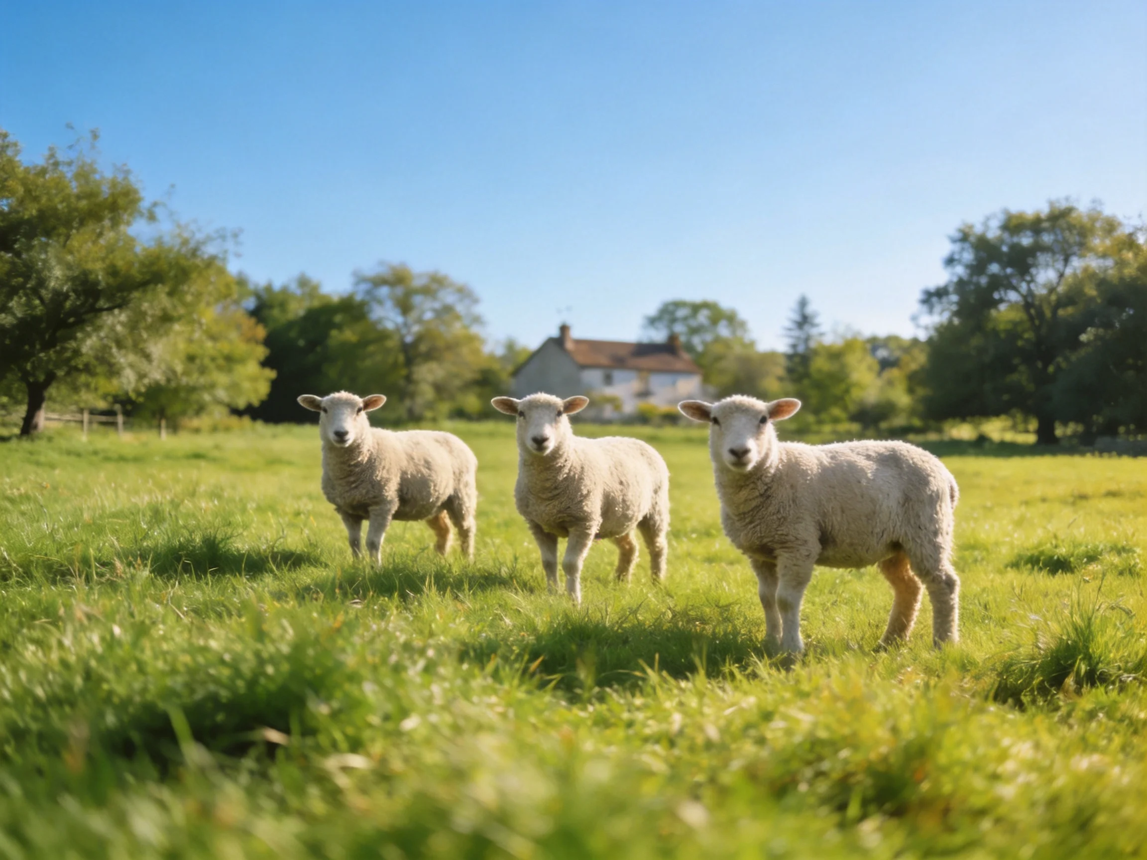 Three fluffy white lambs in a sunlit green pasture near a house