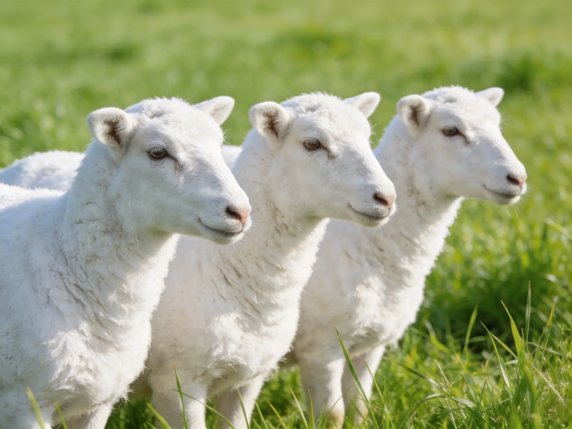 Three fluffy white lambs in a sunlit green pasture