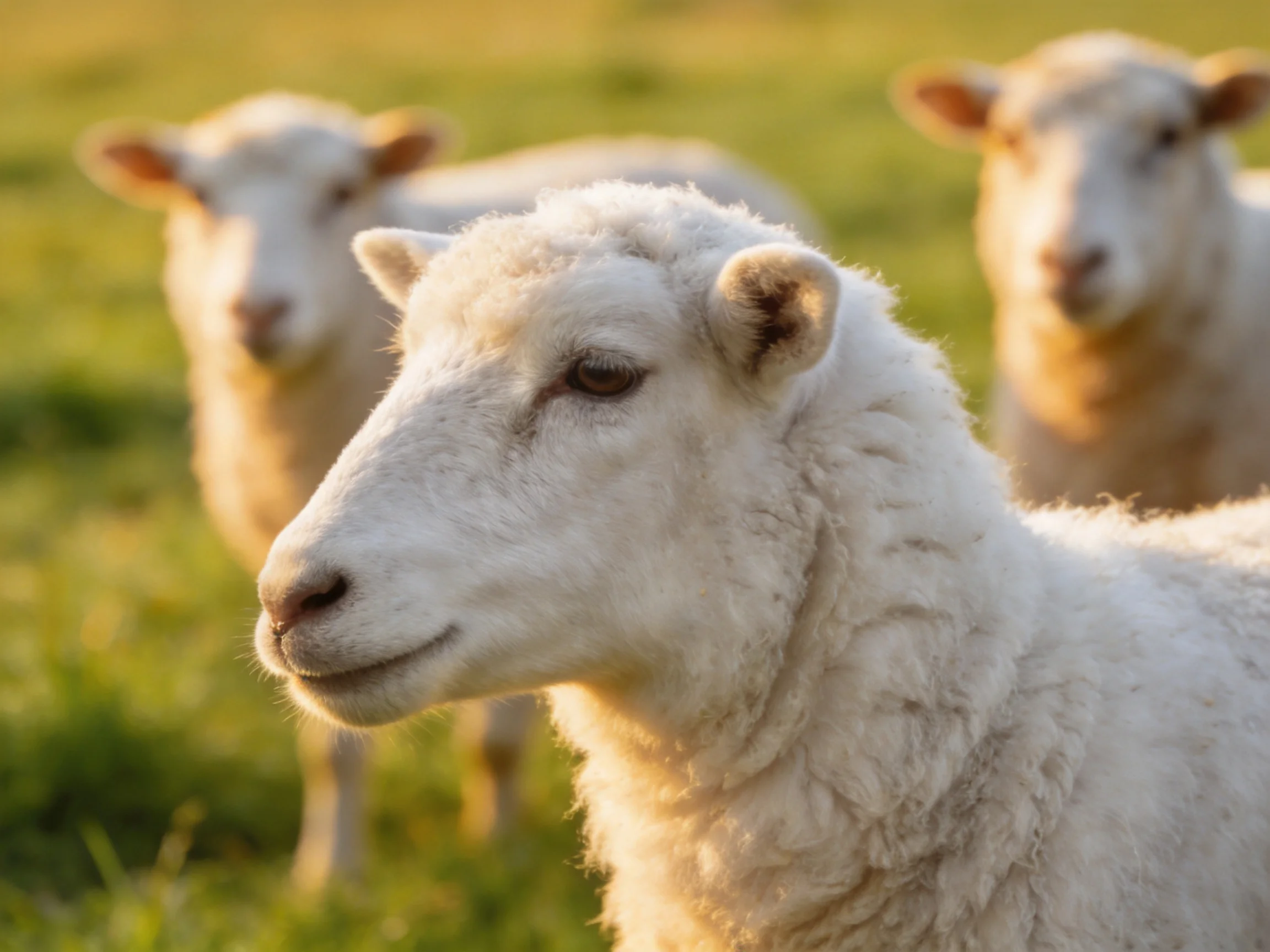 Three fluffy white lambs in a sunlit green pasture