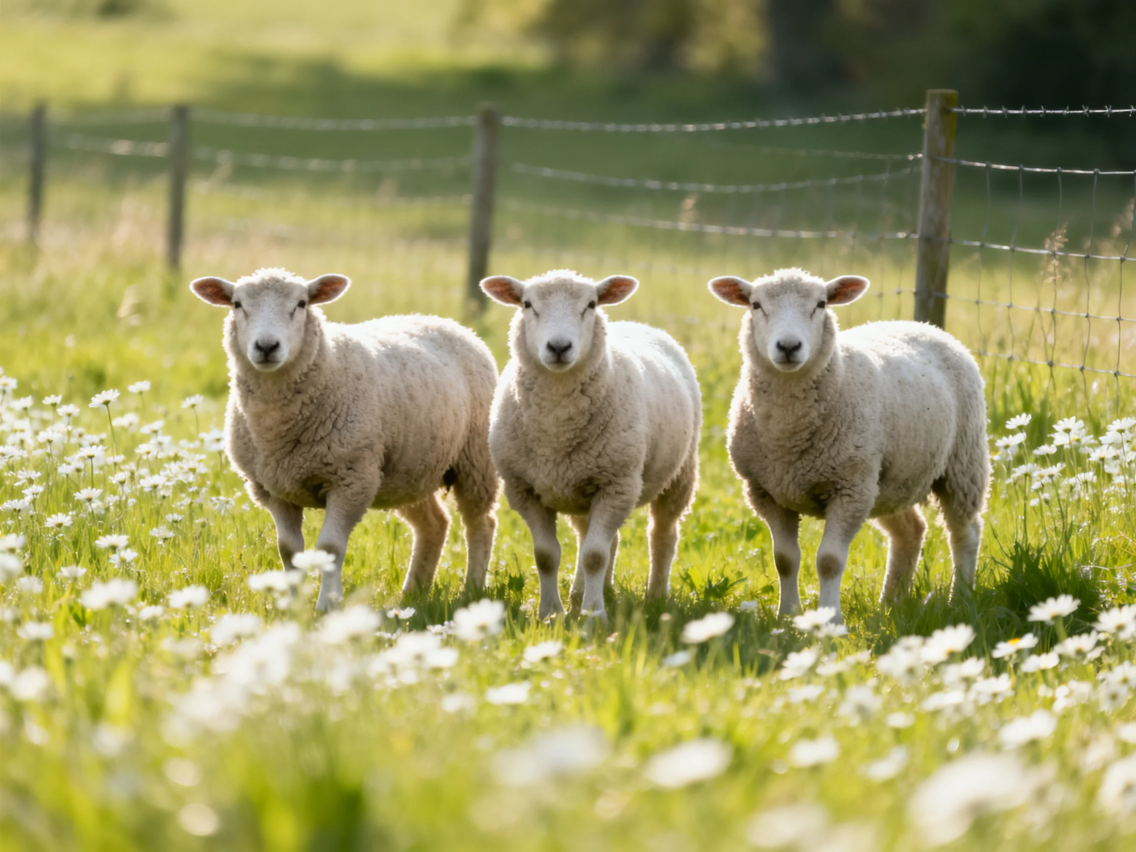 Three fluffy white lambs in a sunlit meadow with wildflowers