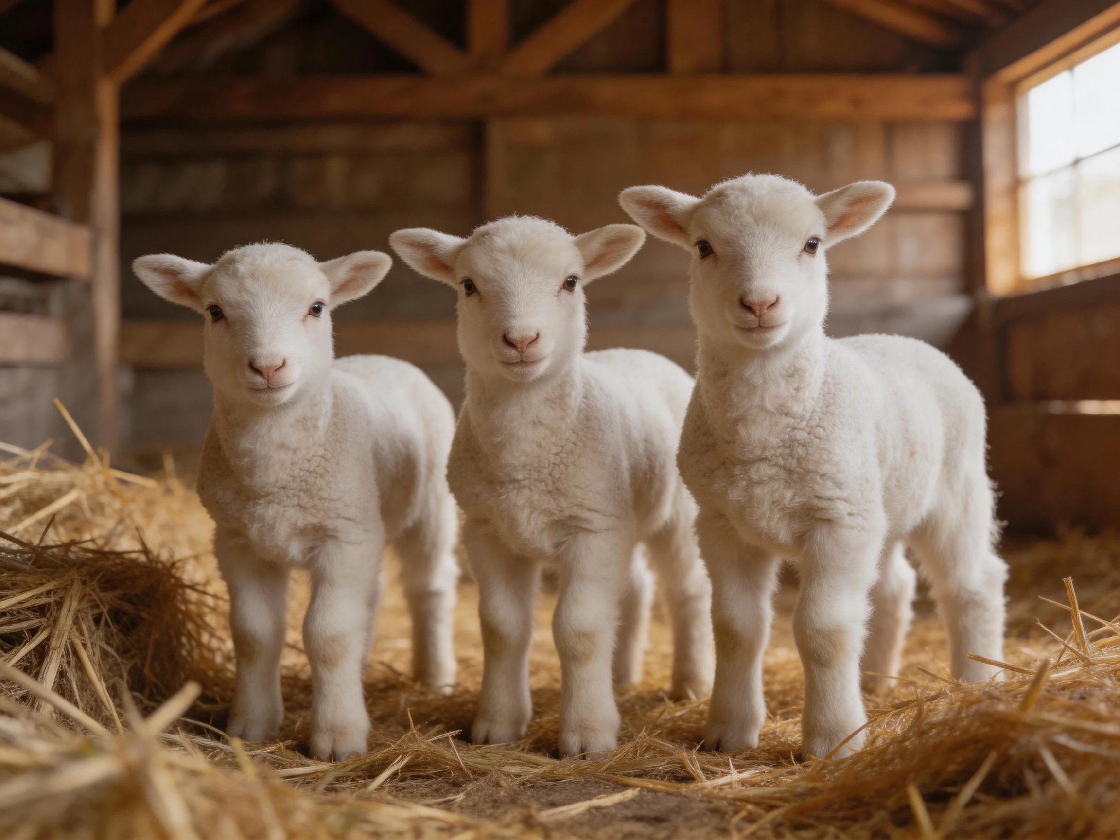 Three fluffy white lambs in a wooden barn with straw
