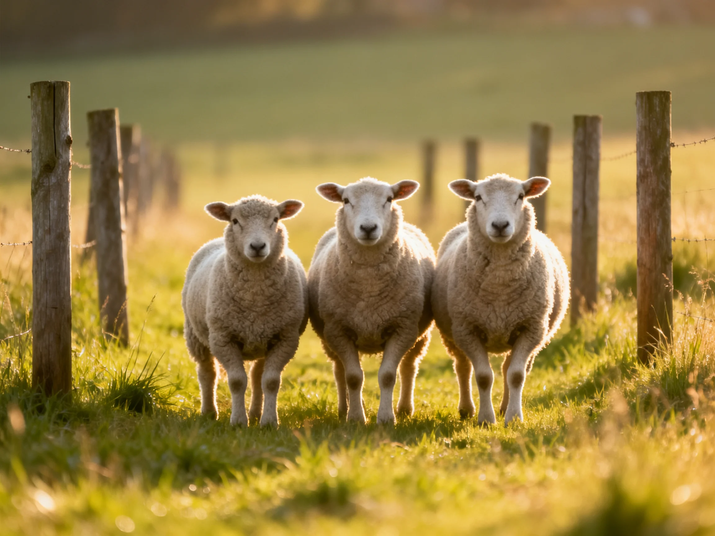 Three fluffy white lambs near wooden fence posts in golden sunlight