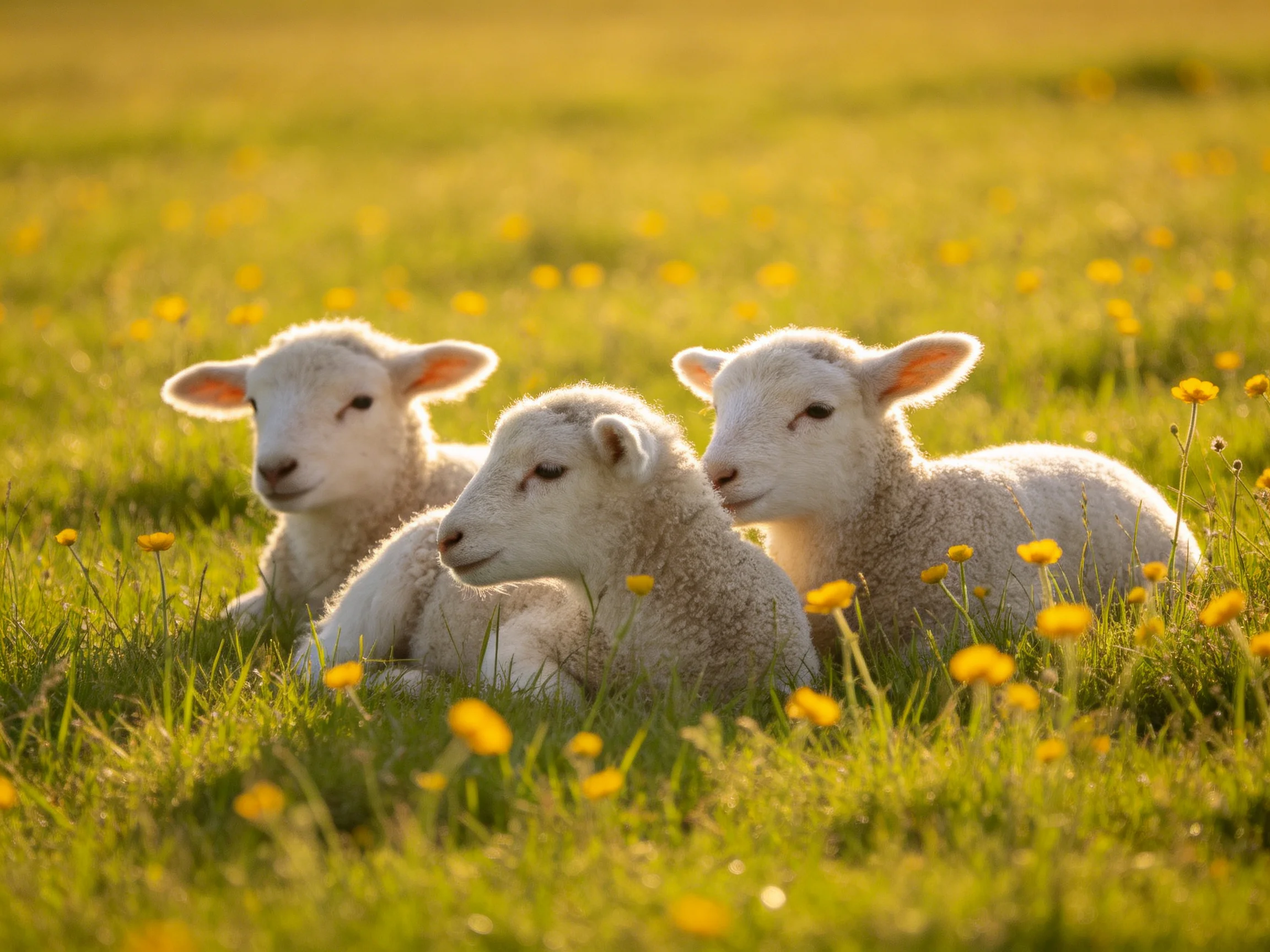 Three fluffy white lambs rest amid yellow wildflowers in a sunlit meadow.