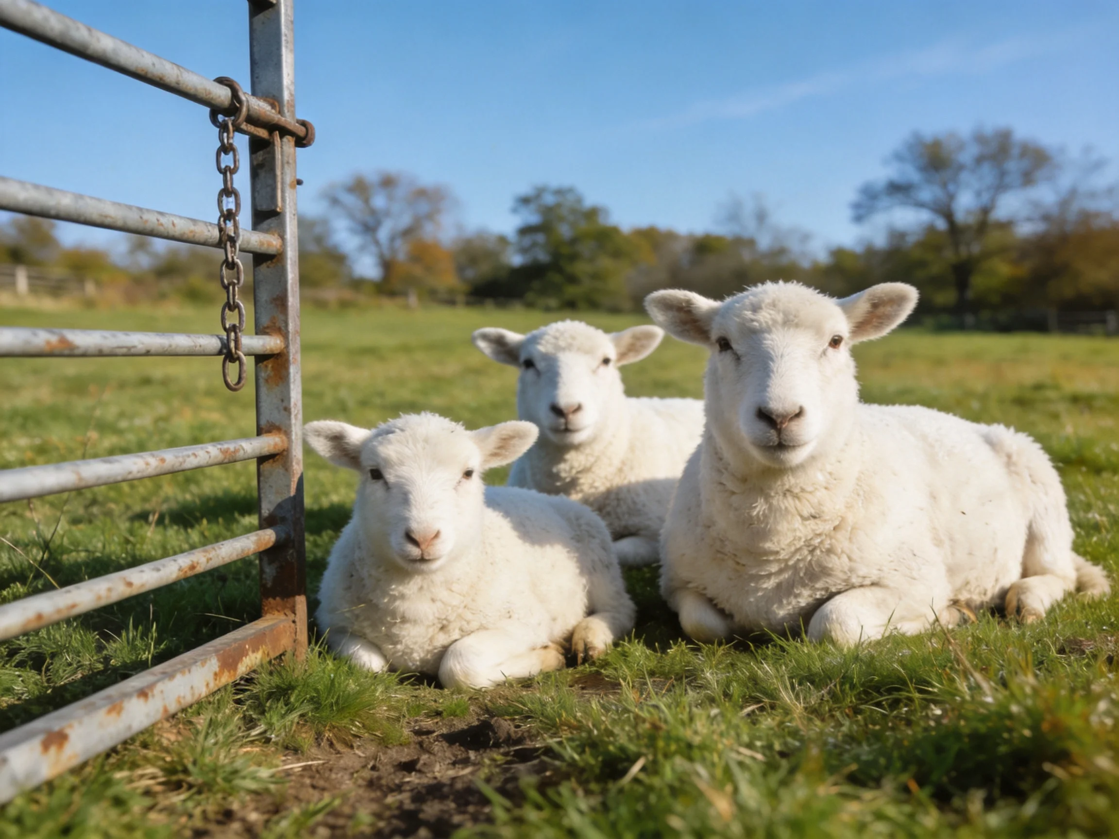 Three fluffy white lambs rest beside a rusty metal gate in a sunlit pasture