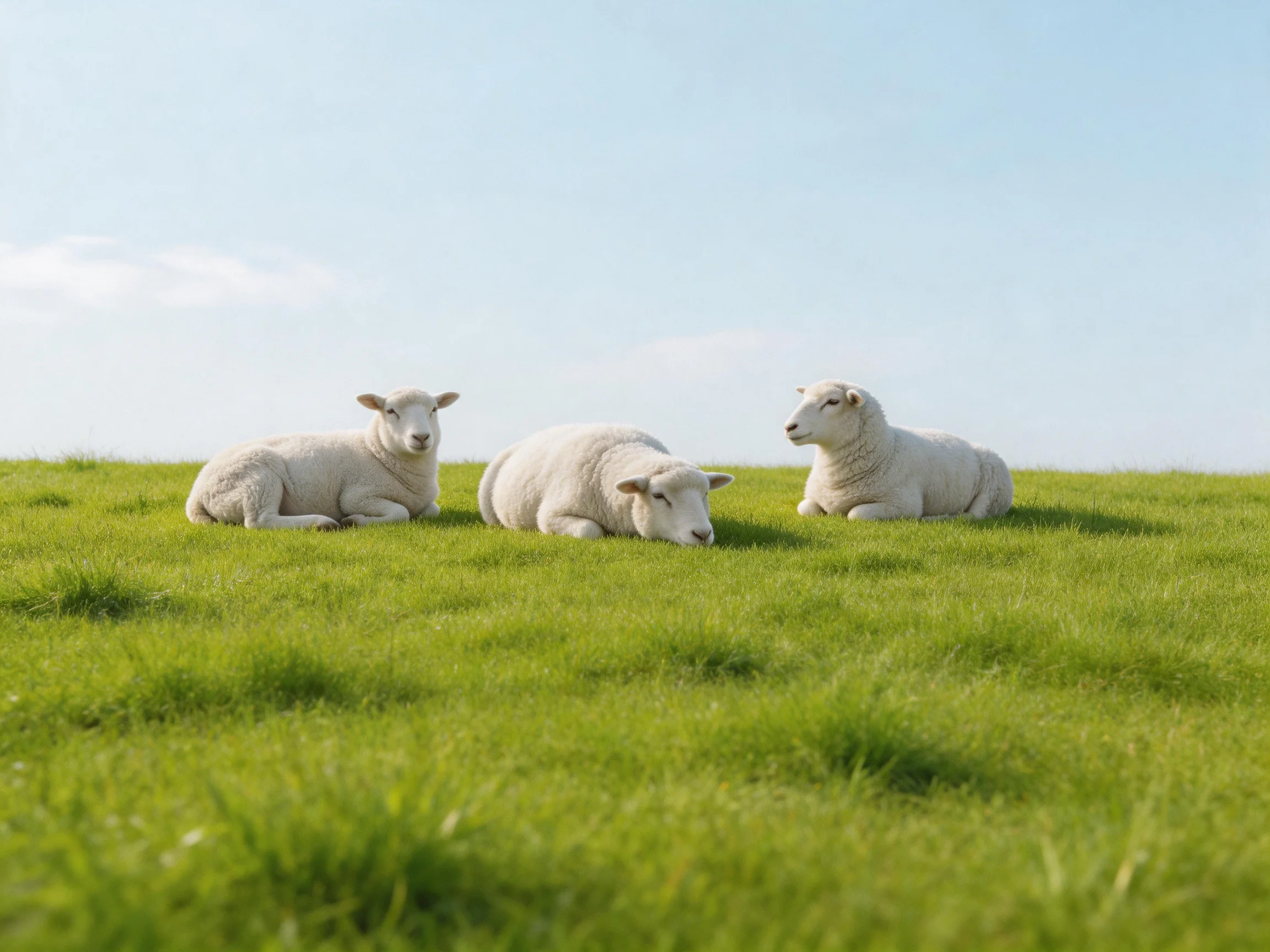 Three fluffy white lambs rest on lush green grass under a clear blue sky