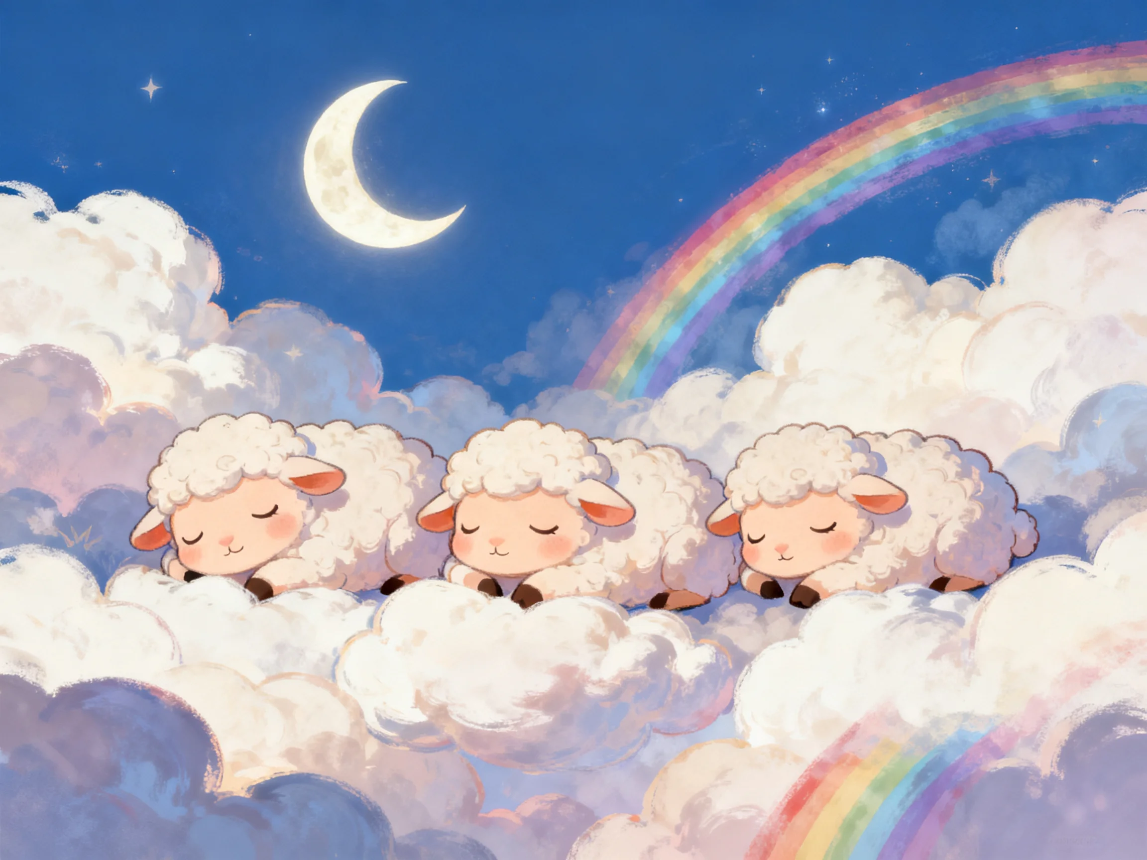 Three sleepy lambs rest on clouds beneath a moonlit sky with a rainbow