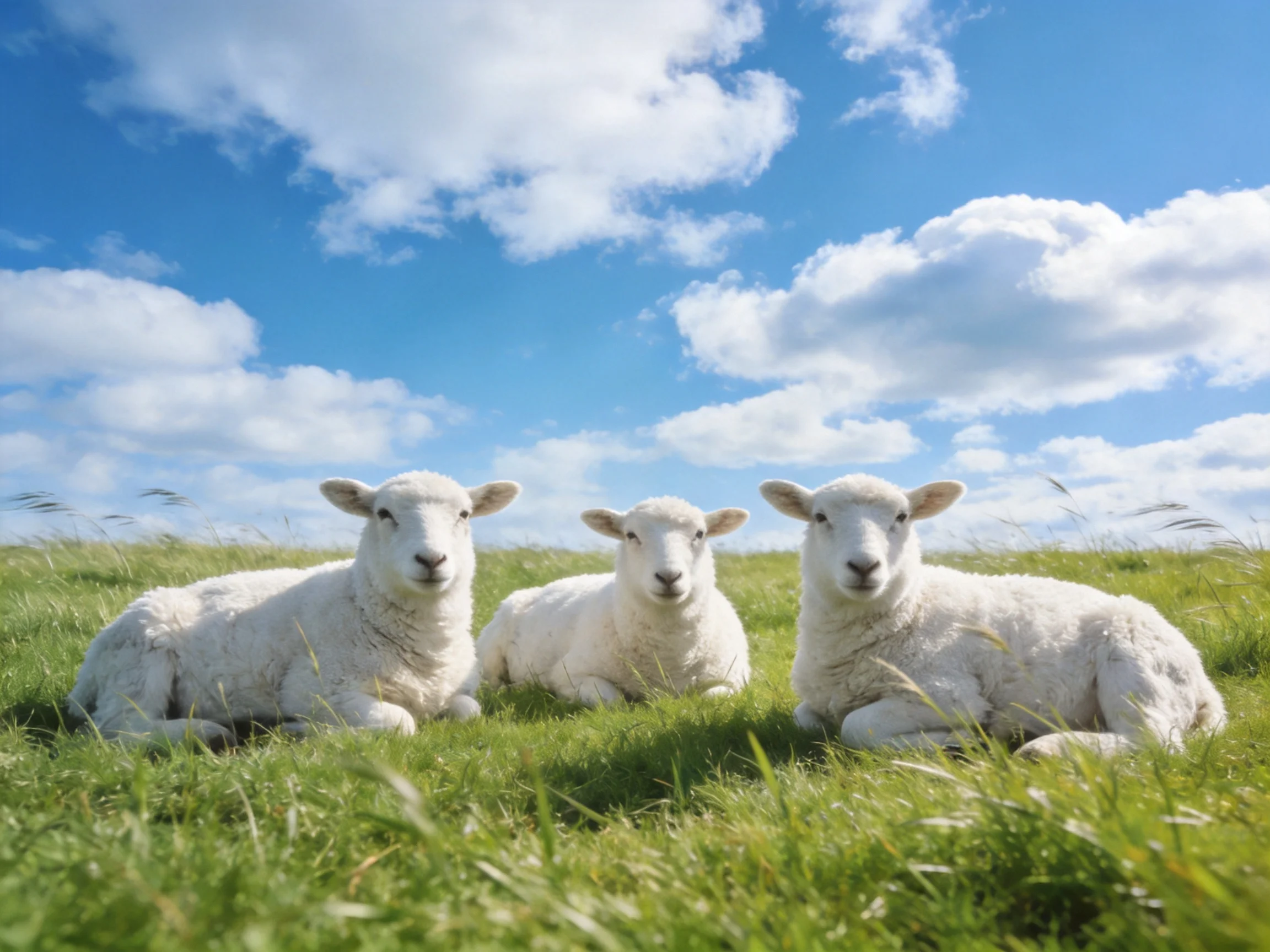 Three fluffy white lambs resting in lush green meadow under bright blue sky