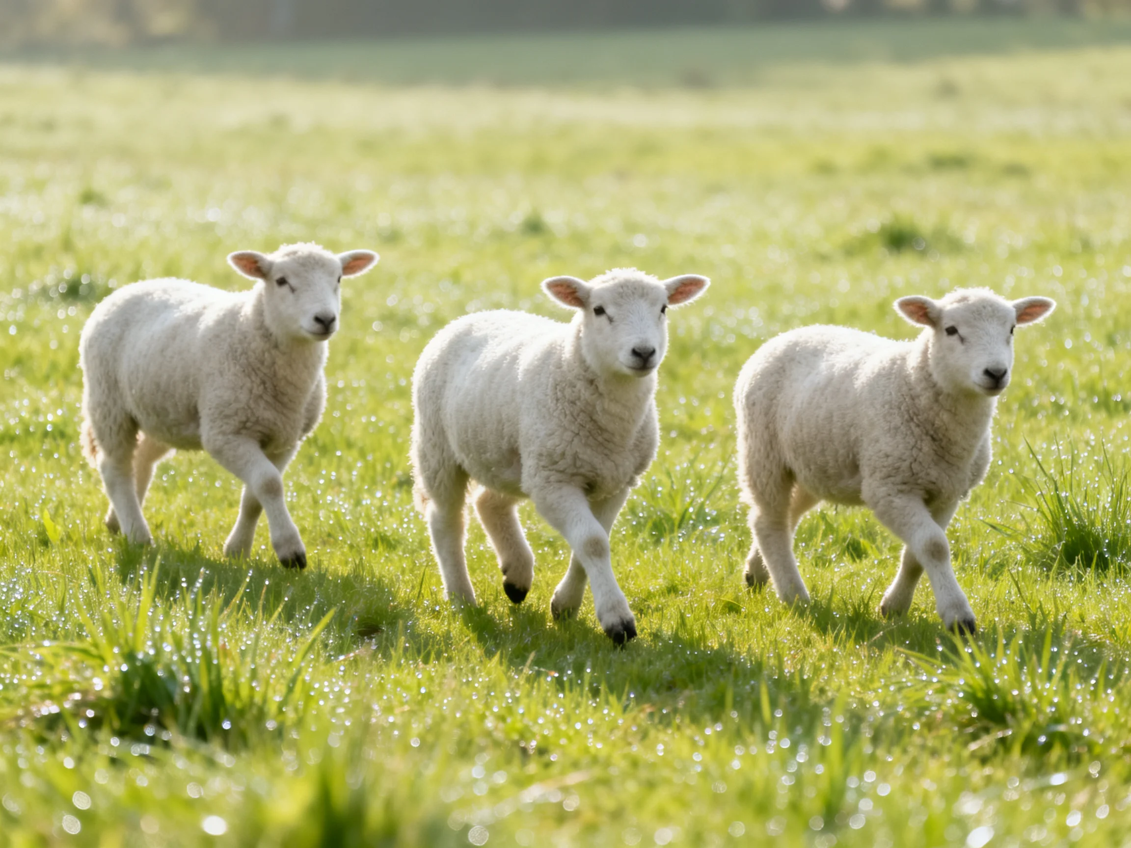 Three fluffy white lambs running through a lush green meadow