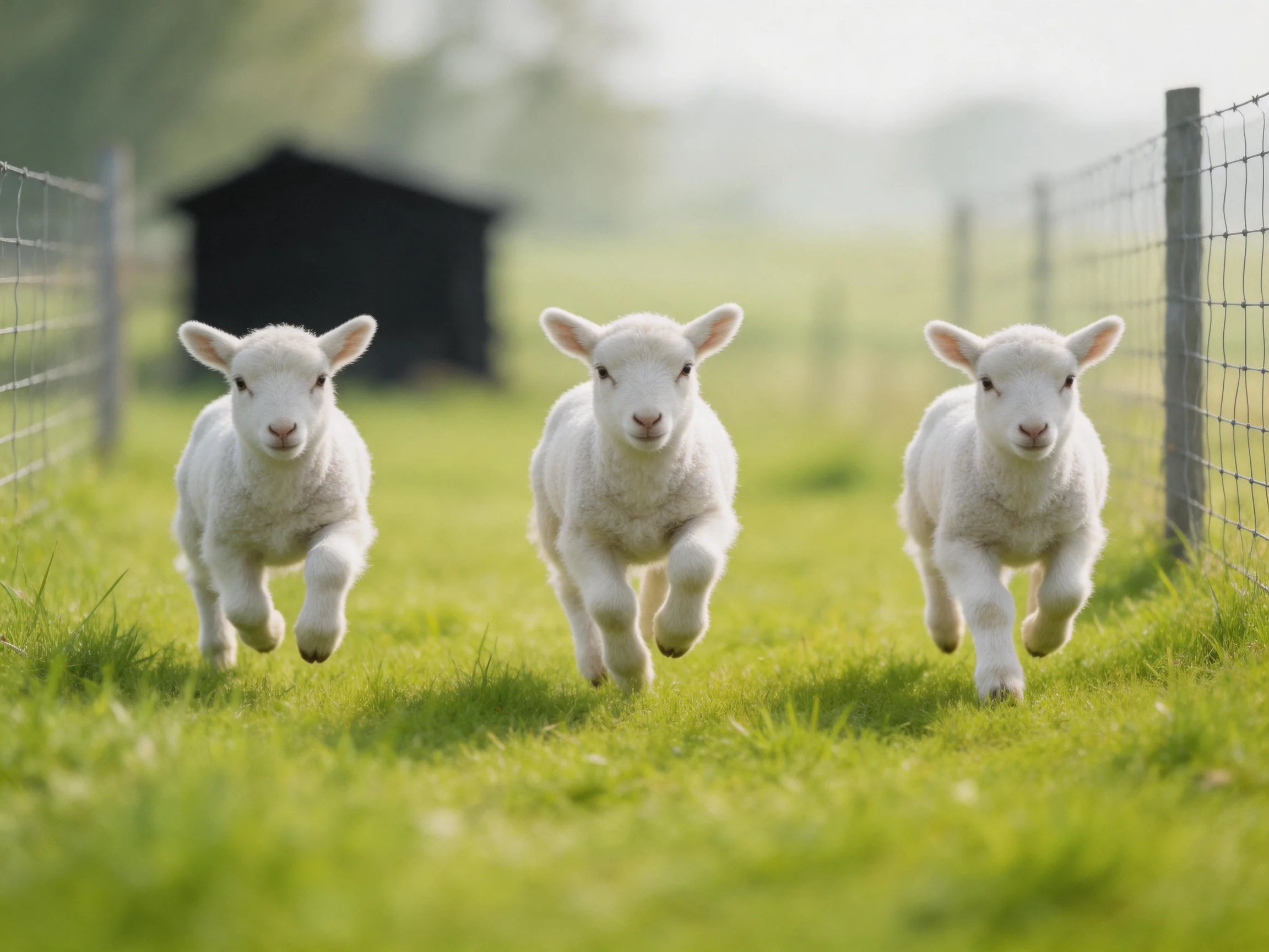 Three fluffy white lambs running through green pasture near fences