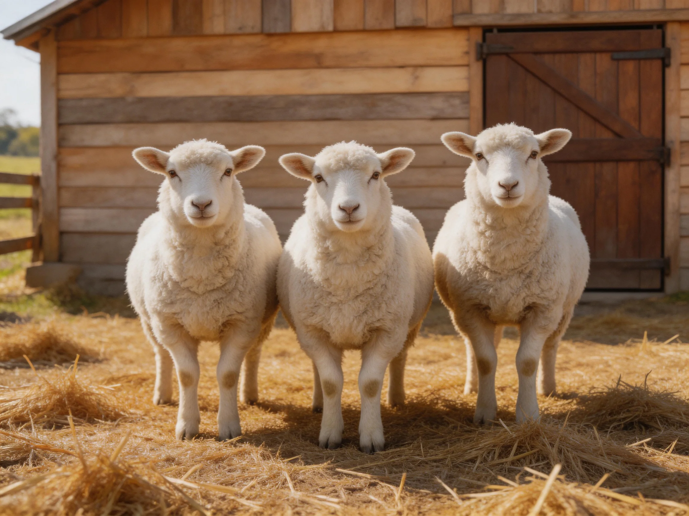 Three fluffy white lambs stand before a rustic wooden barn.
