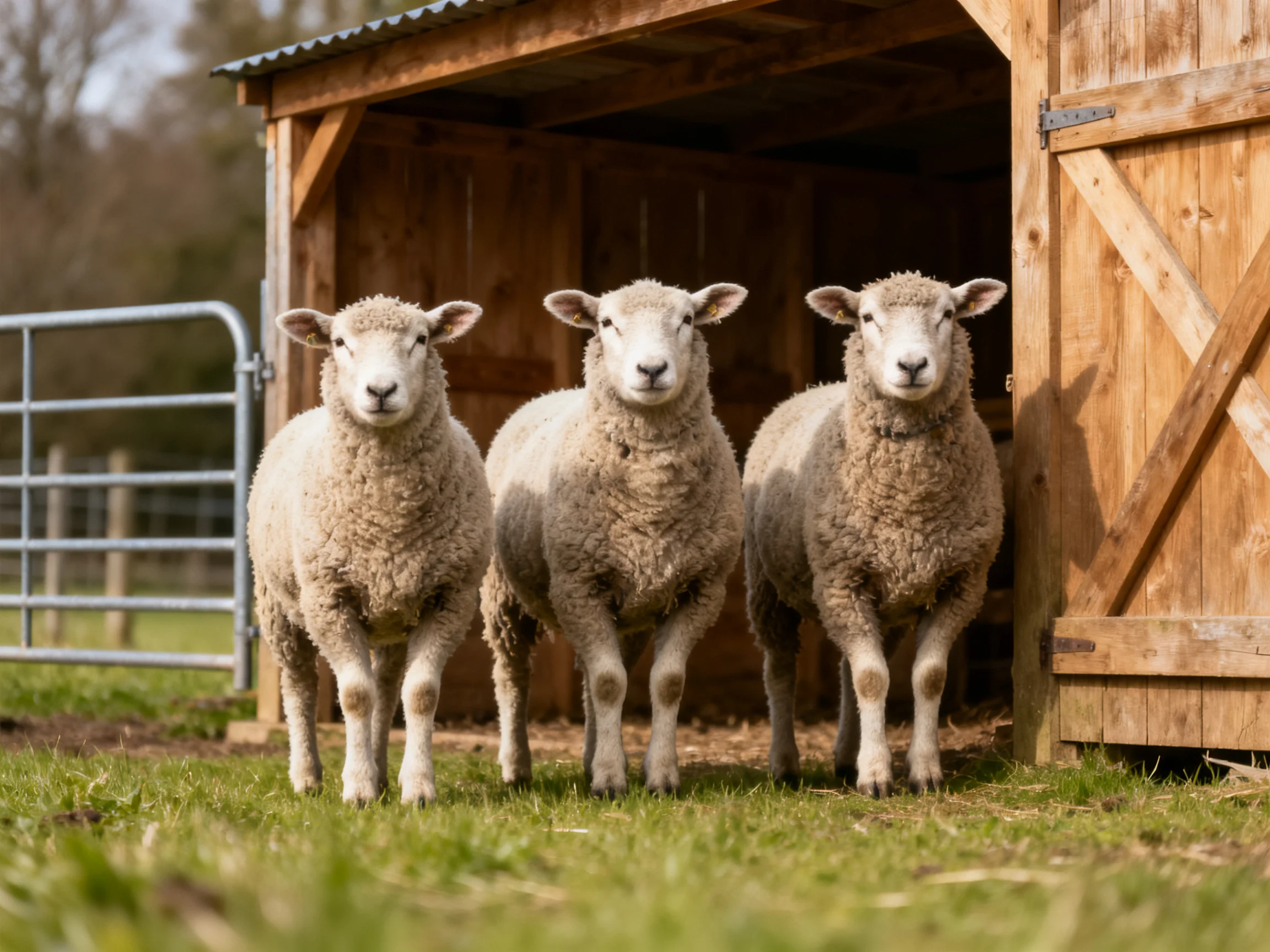 Three fluffy white lambs stand near an open wooden barn