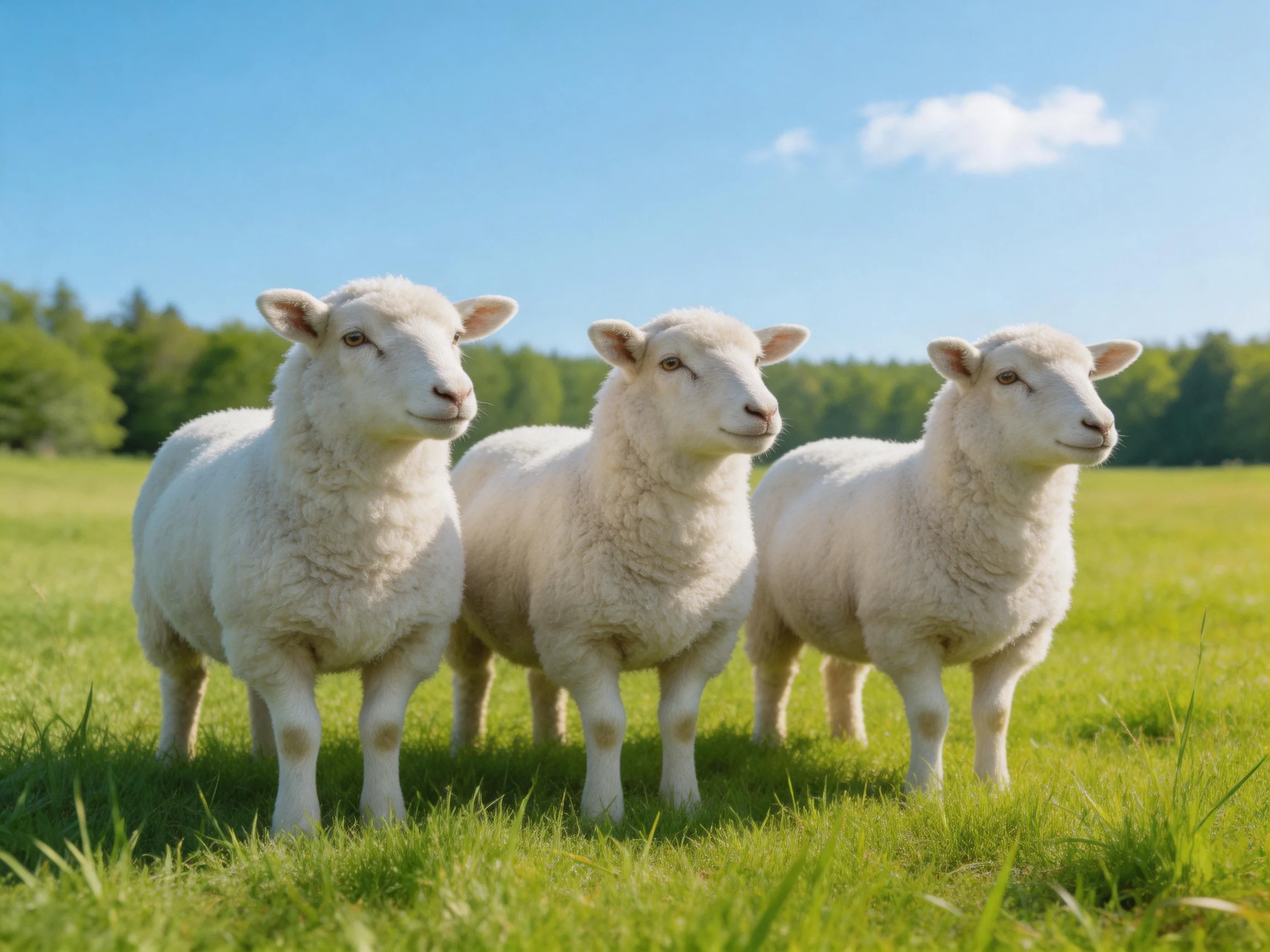 Three fluffy white lambs standing in a lush green meadow