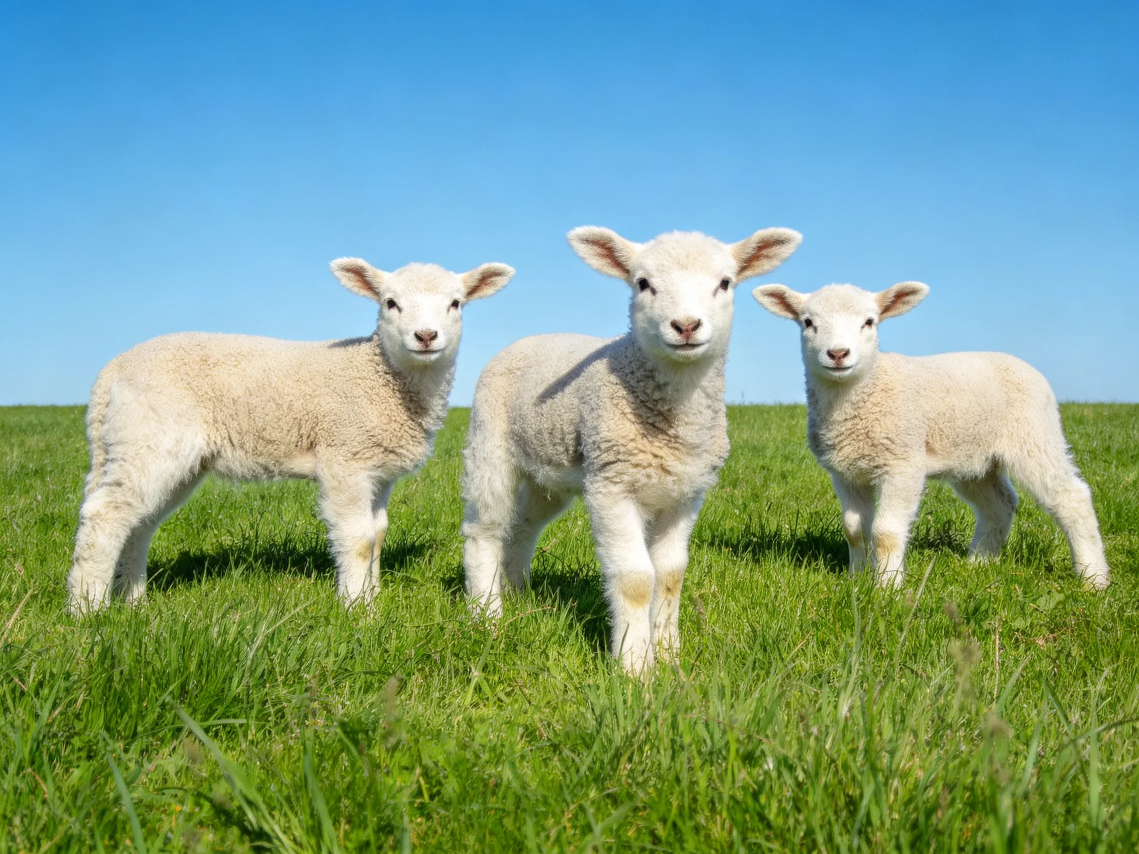 Three fluffy white lambs standing in a lush green meadow under clear blue sky