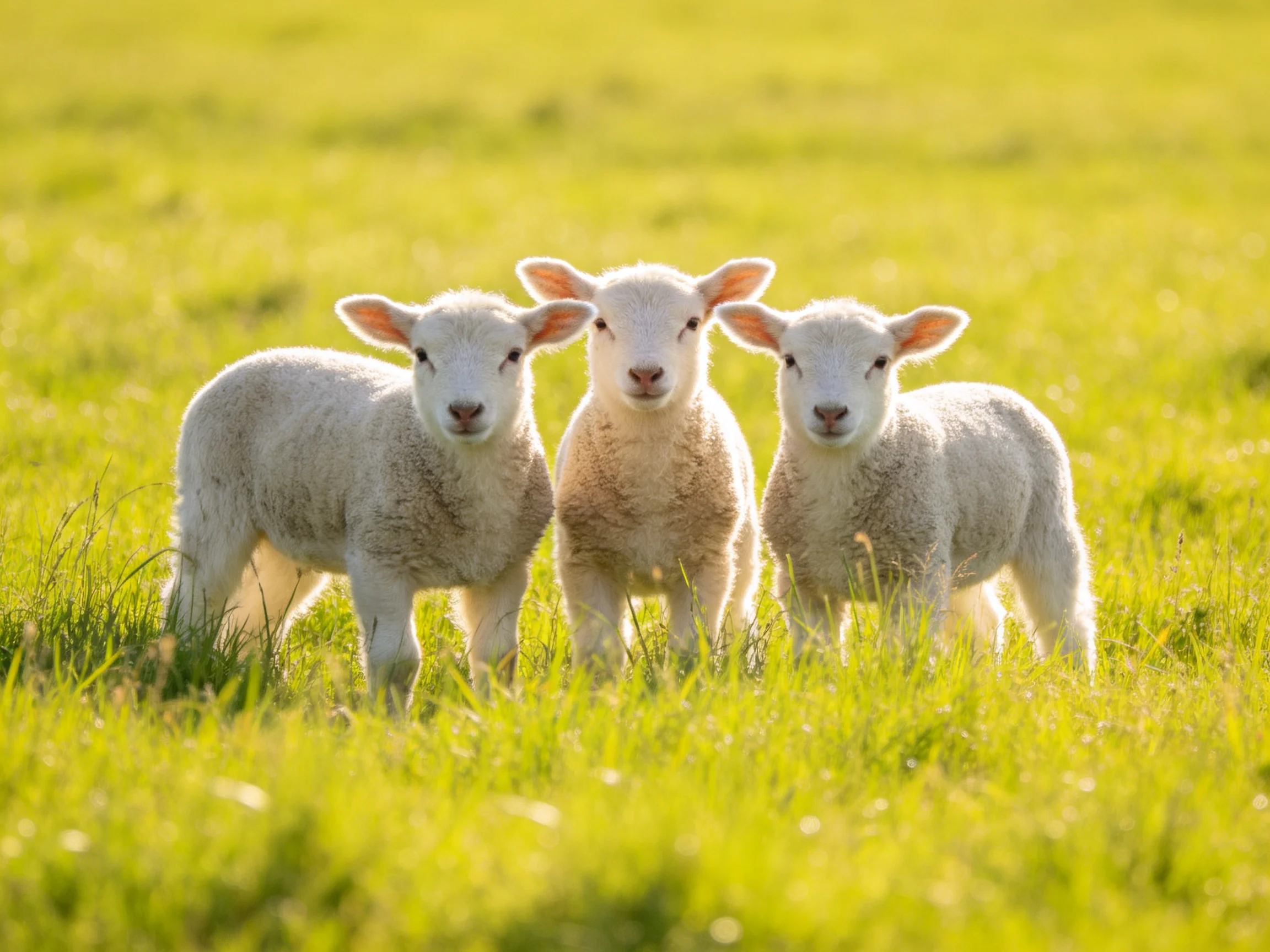 Three fluffy white lambs standing in a sunlit green meadow