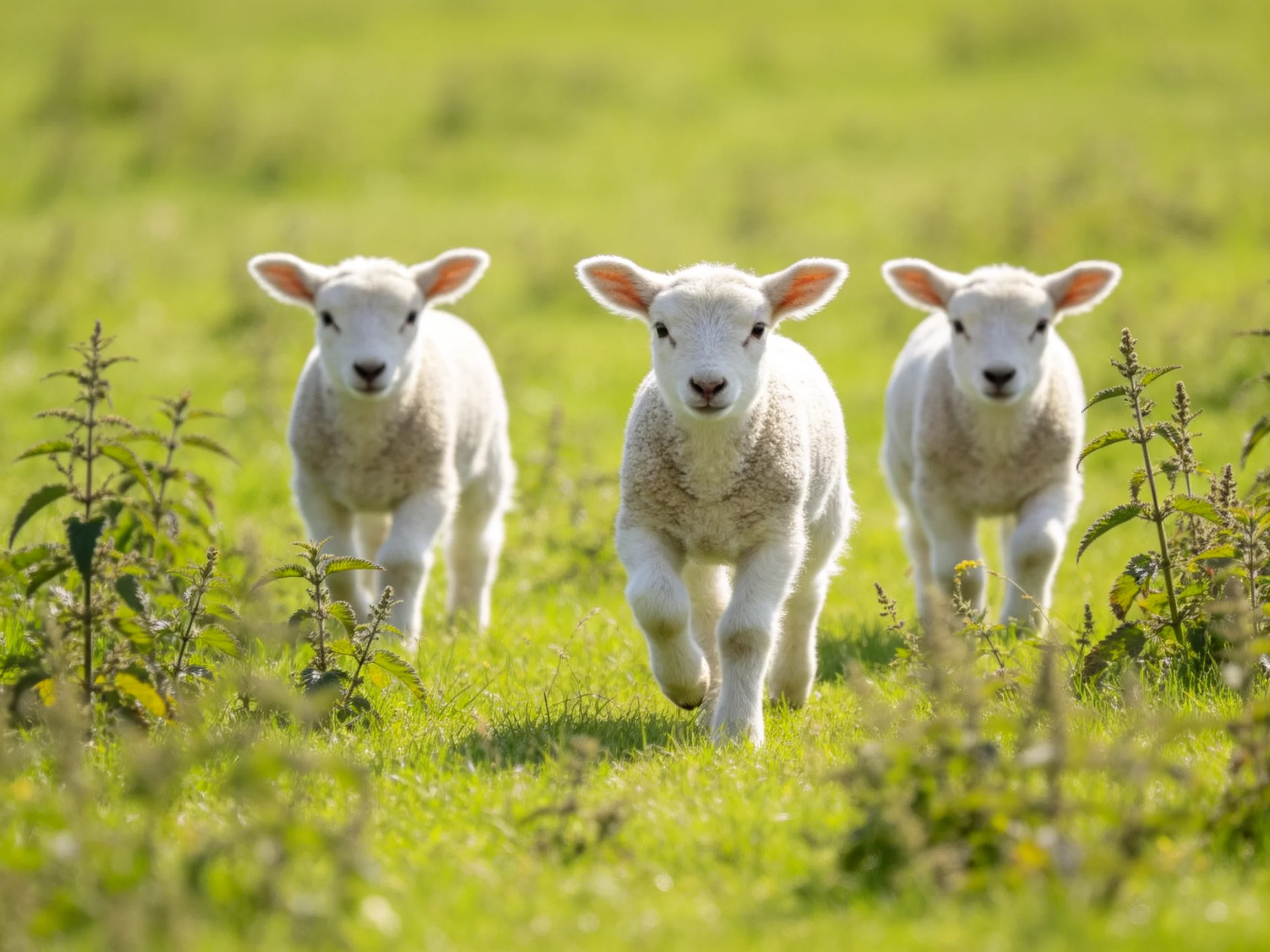 Three fluffy white lambs trotting through a sunny green pasture