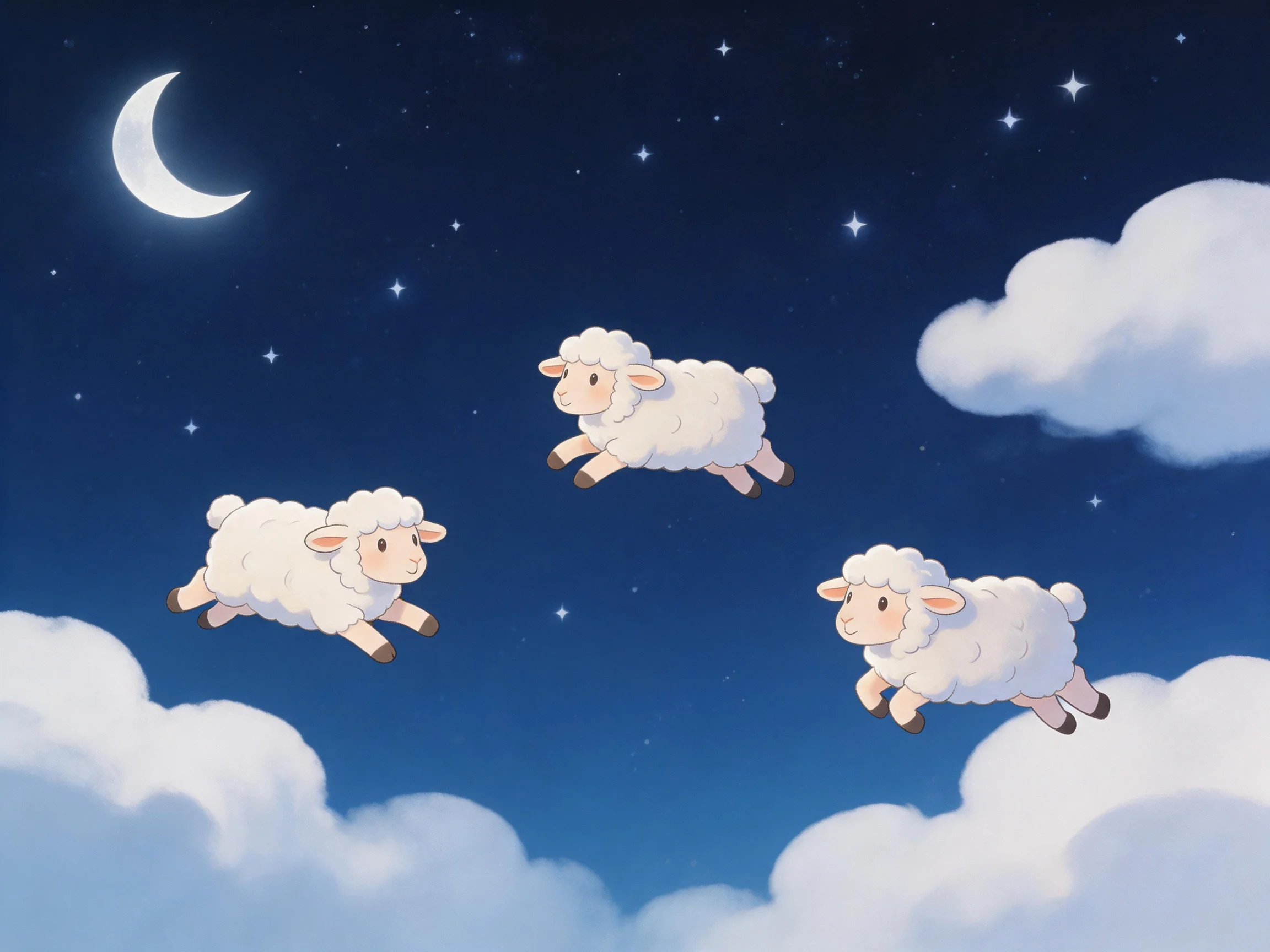 Three fluffy white sheep jumping over clouds in a starry night sky