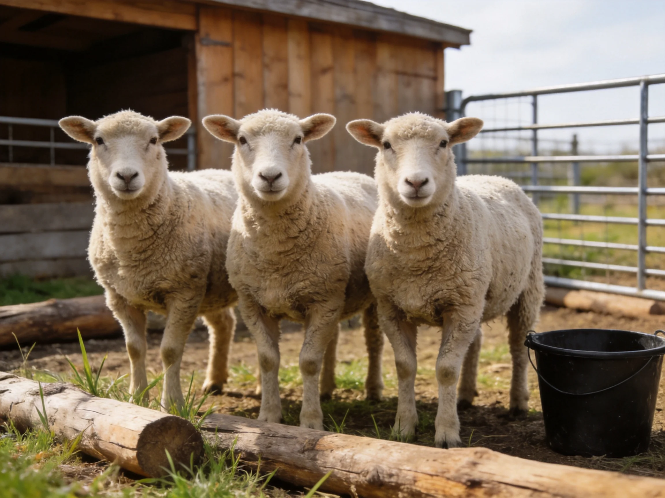 Three sheep stand together near a wooden barn in a sunny farm setting.