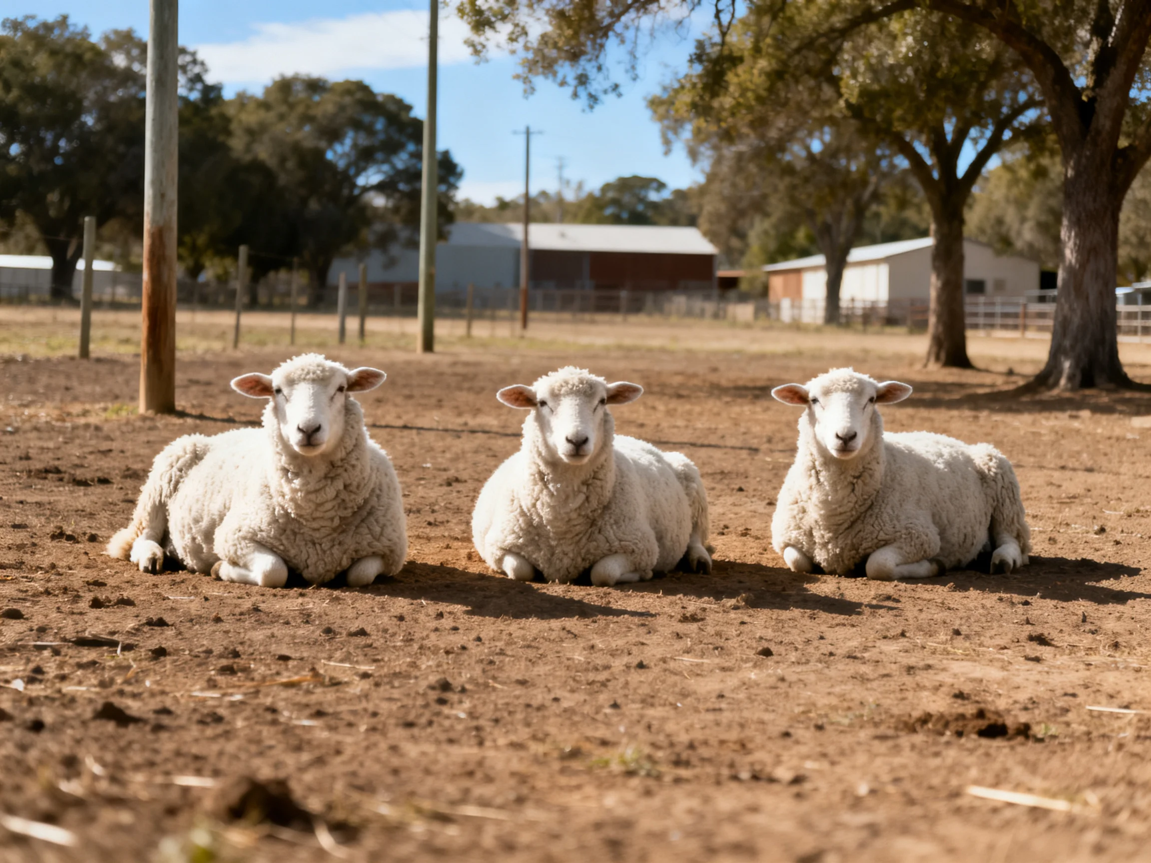 Three fluffy white sheep resting in a rural farm yard