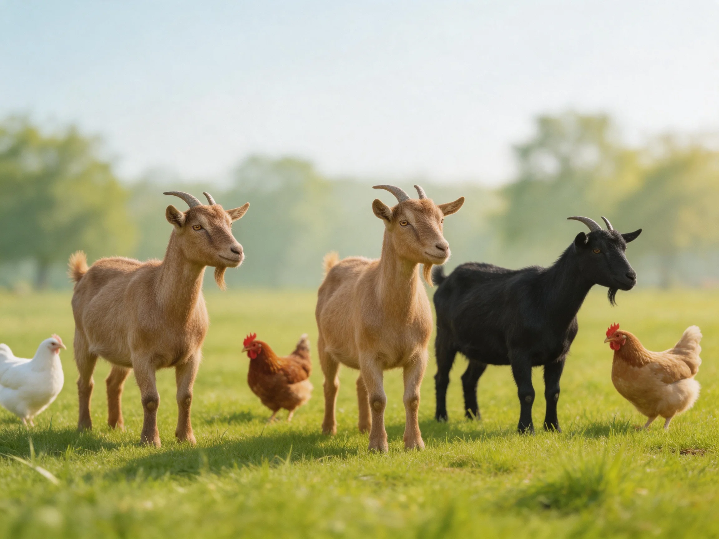 Three goats and chickens in a sunny meadow