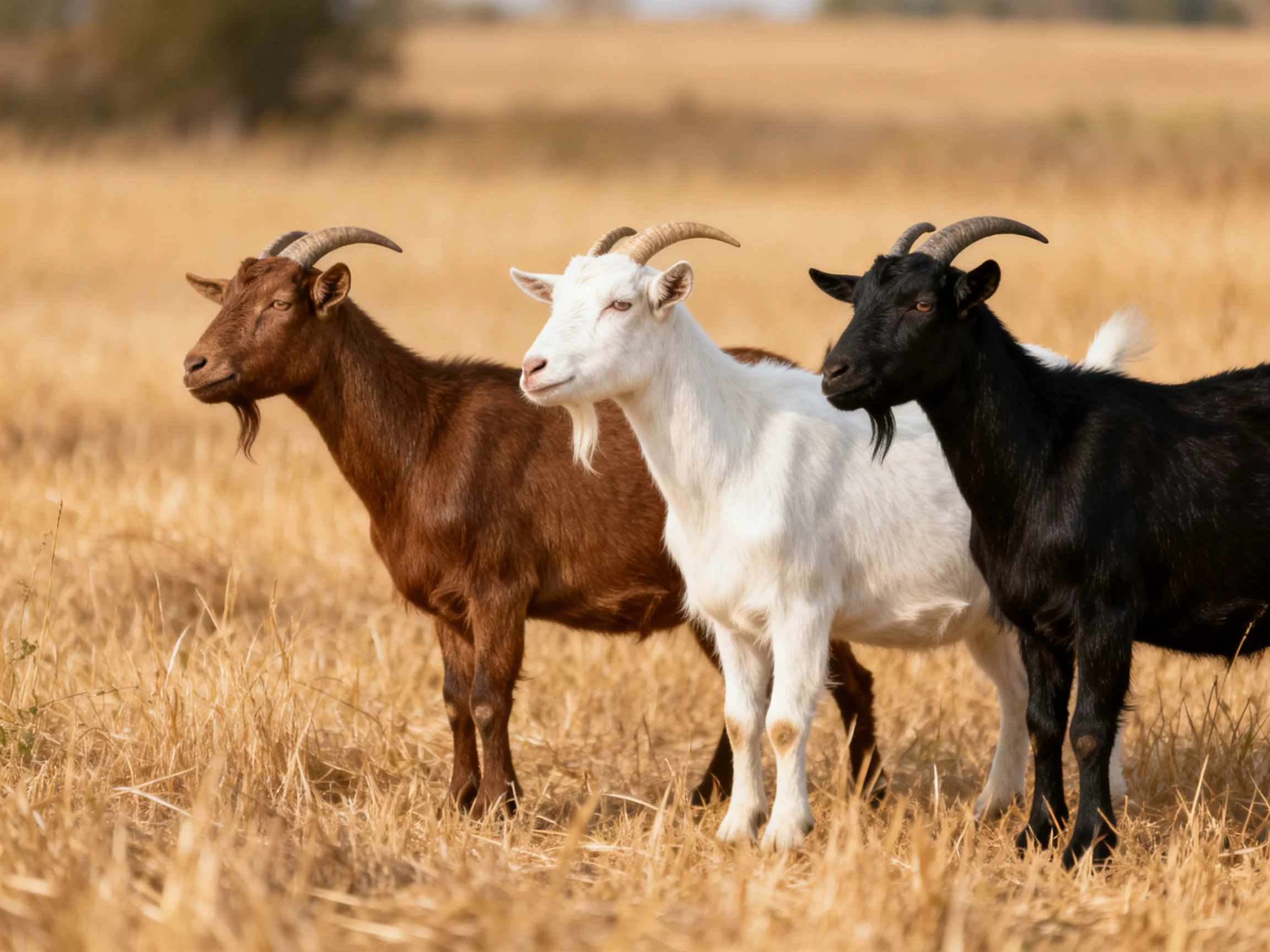 Three goats in brown, white, black hues on golden field