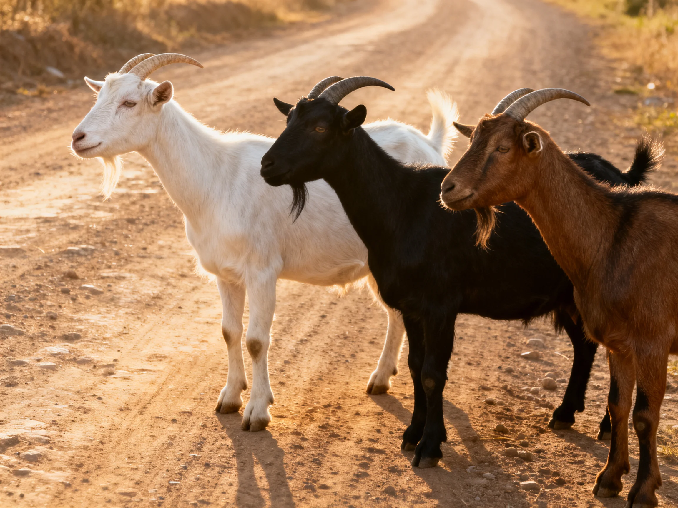 Three goats of white, black, brown on a dusty rural road