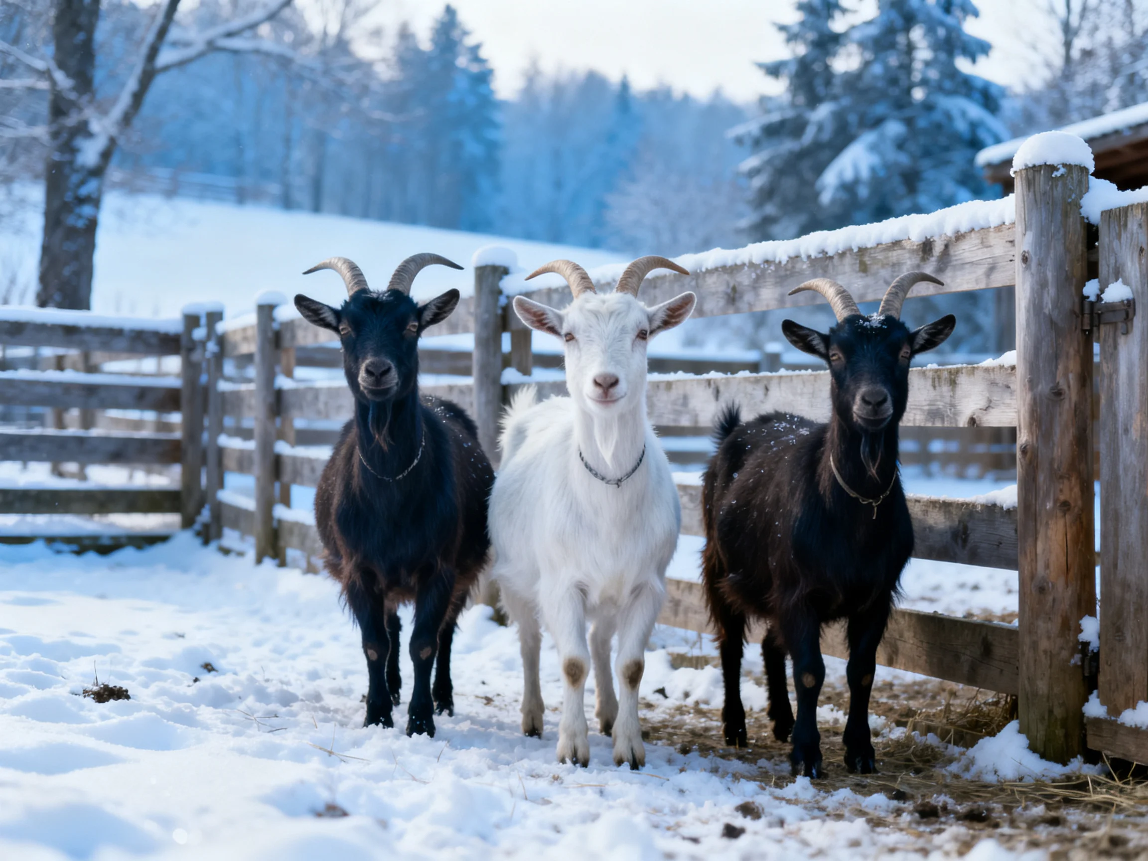 Three goats stand near a snow-covered wooden fence