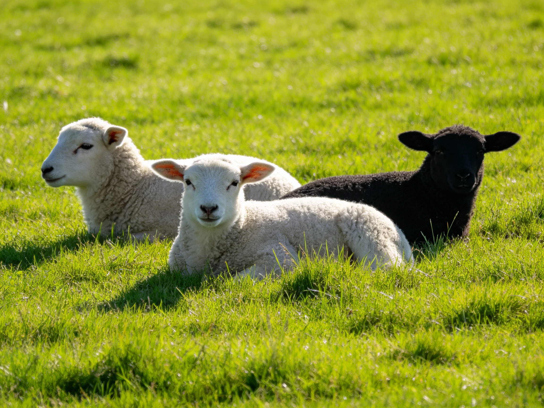 Three lambs of different colors rest in a sunlit green pasture
