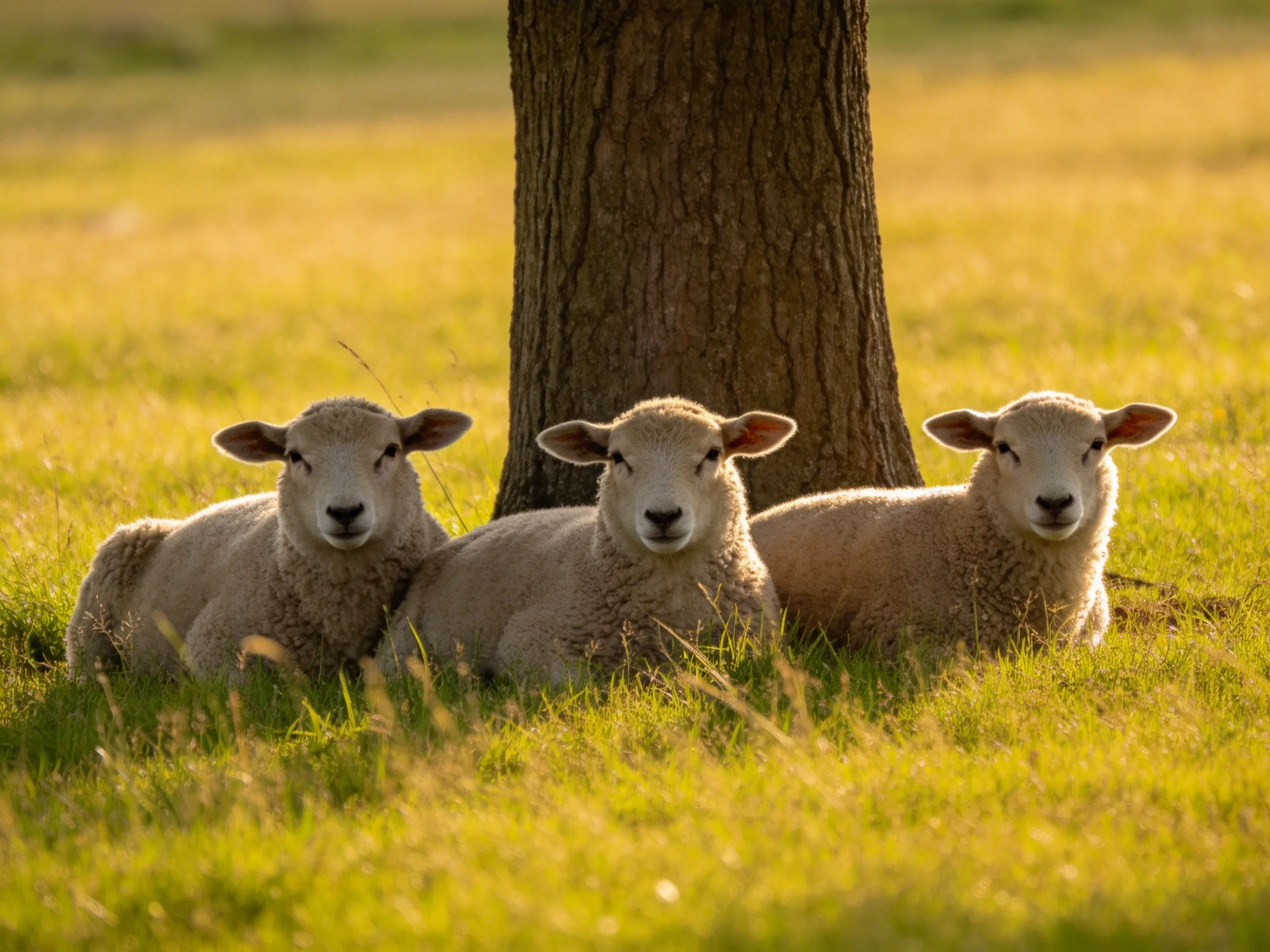 Three lambs rest beside a large brown tree in golden grass