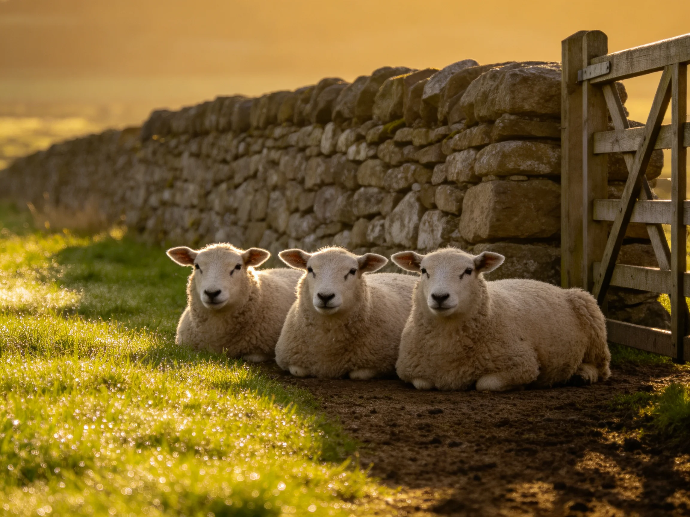 Three lambs rest beside a stone wall under golden sunlight