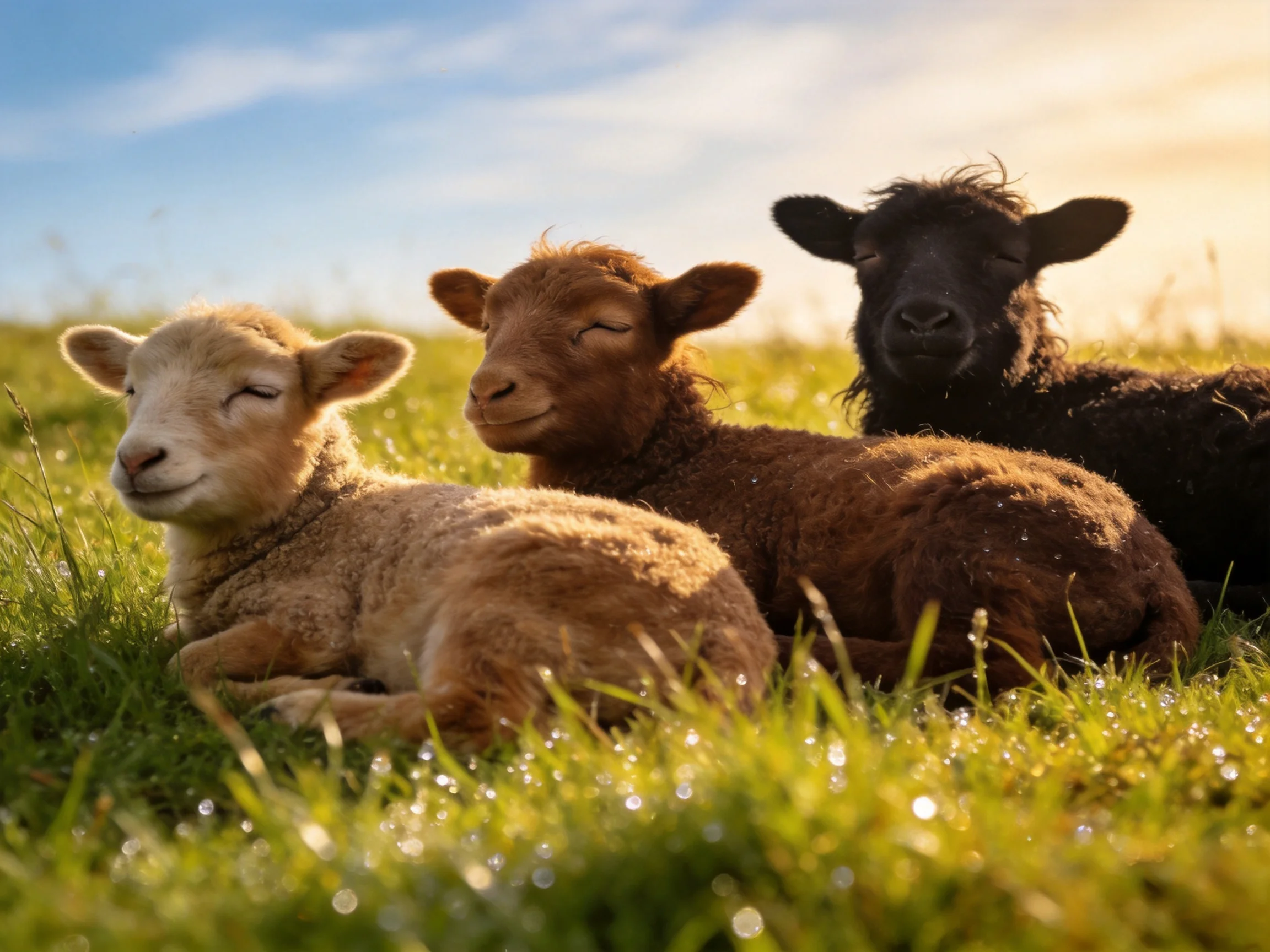 Three lambs rest in a dewy green meadow with distinct coat colors.