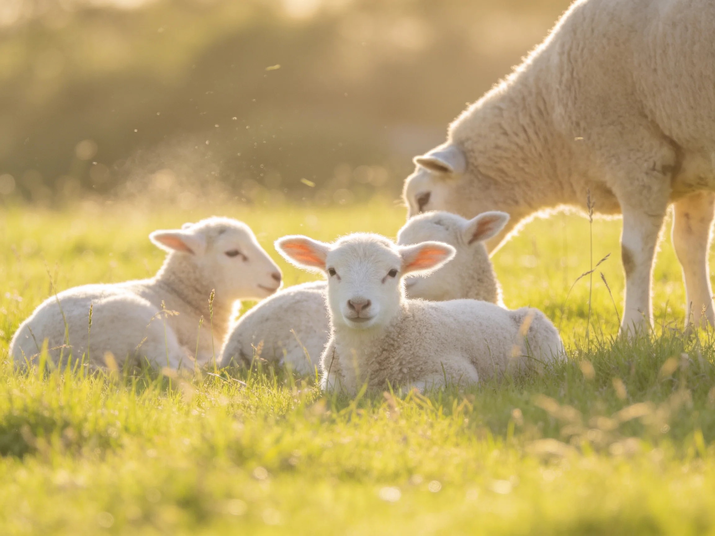 Three lambs rest near an adult sheep in a sunlit meadow