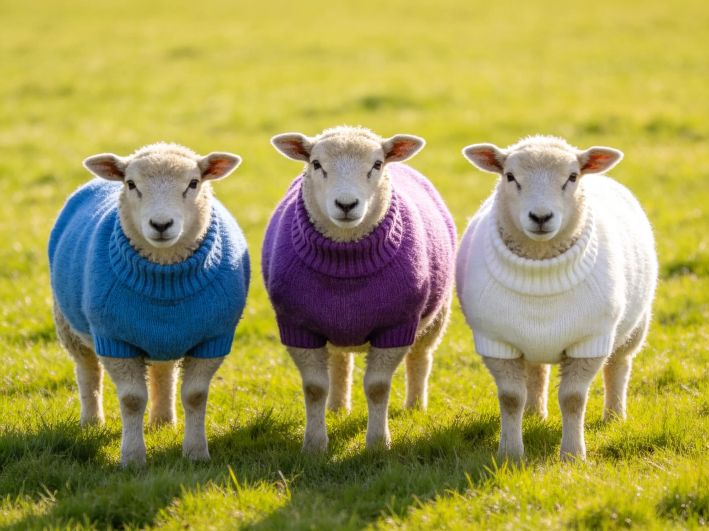 Three lambs wear blue, purple, white turtleneck sweaters in a green pasture