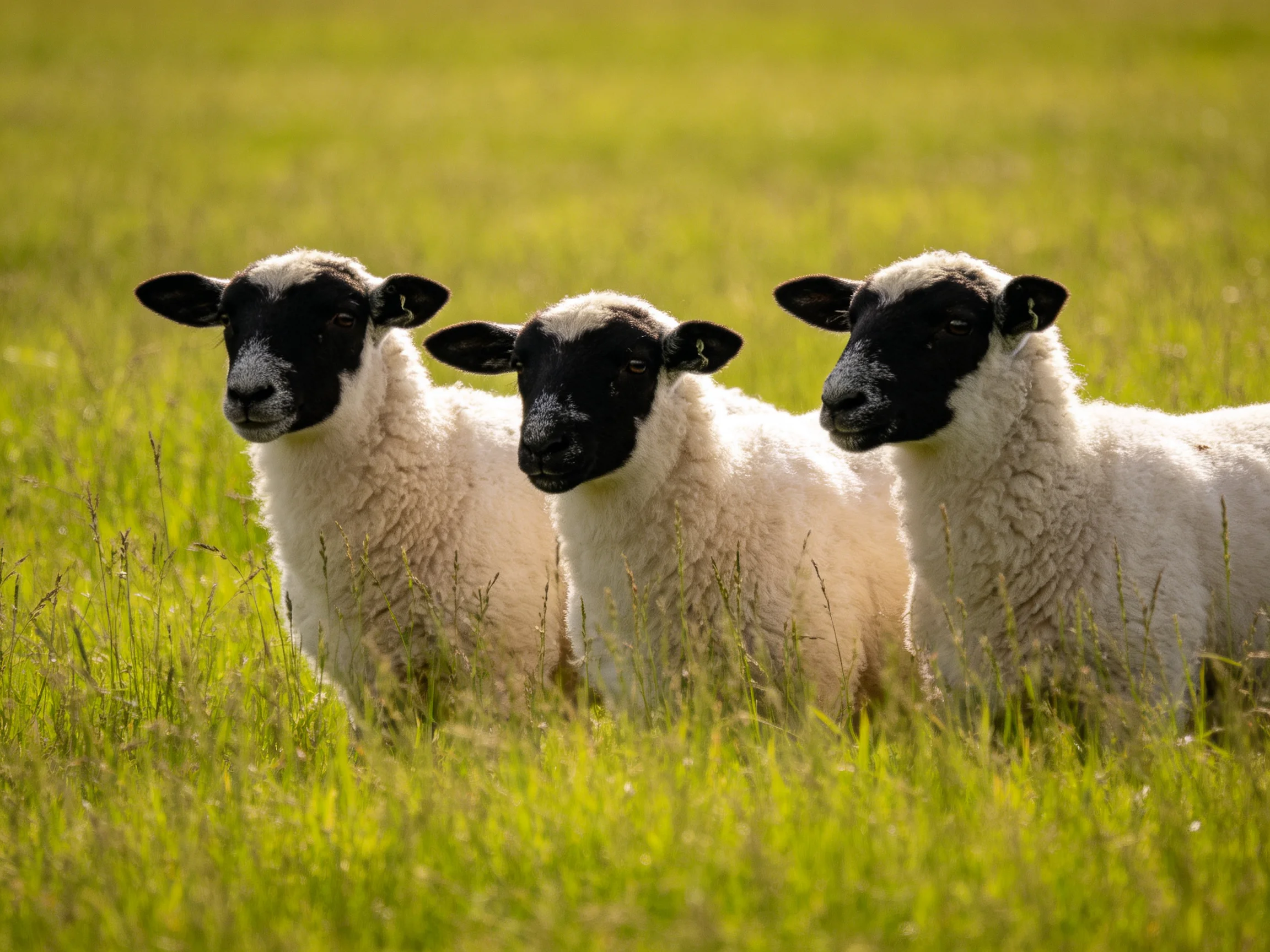 Three lambs with black faces in a lush green meadow