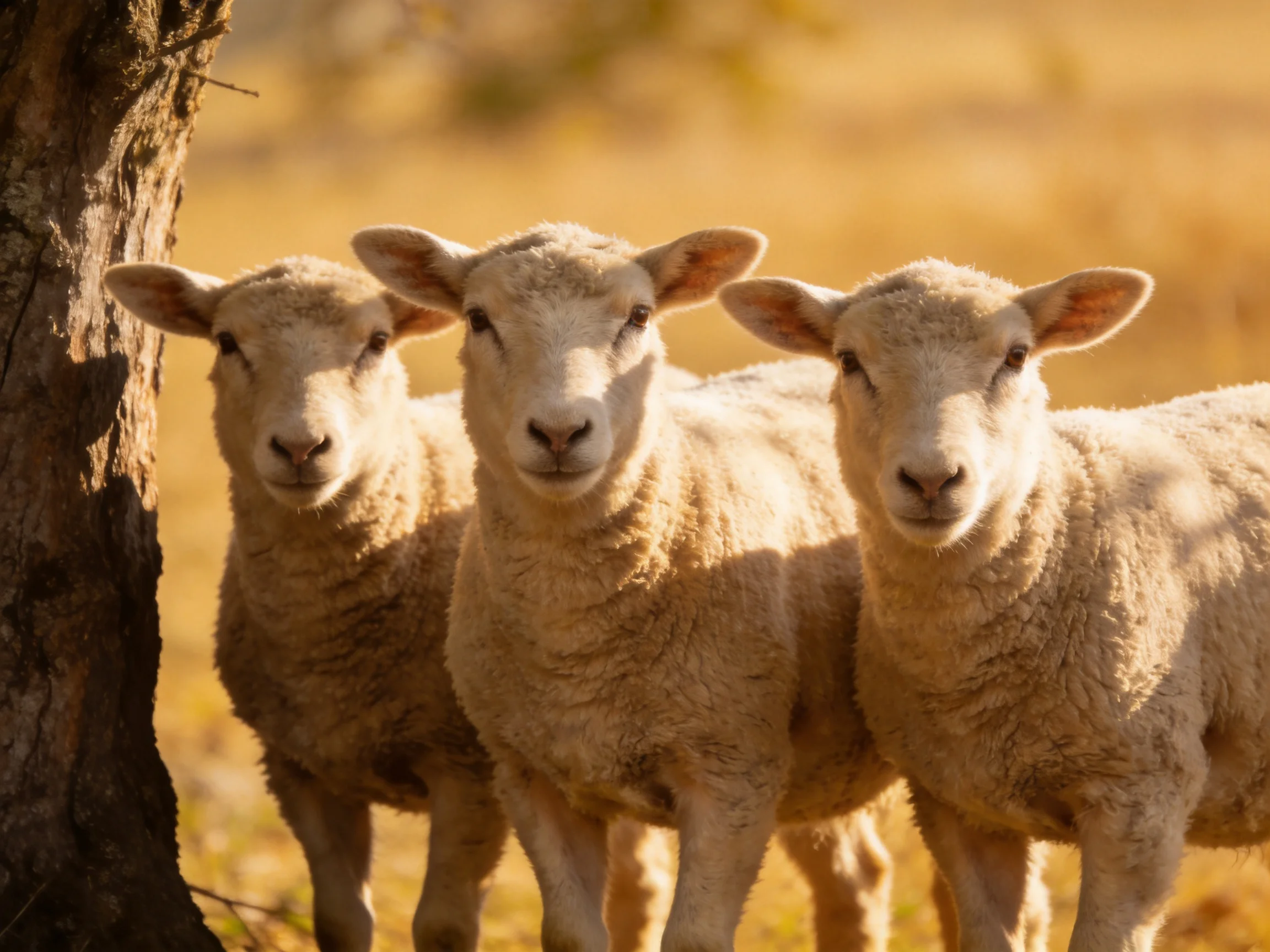 Three light - brown lambs gather by an aged tree trunk