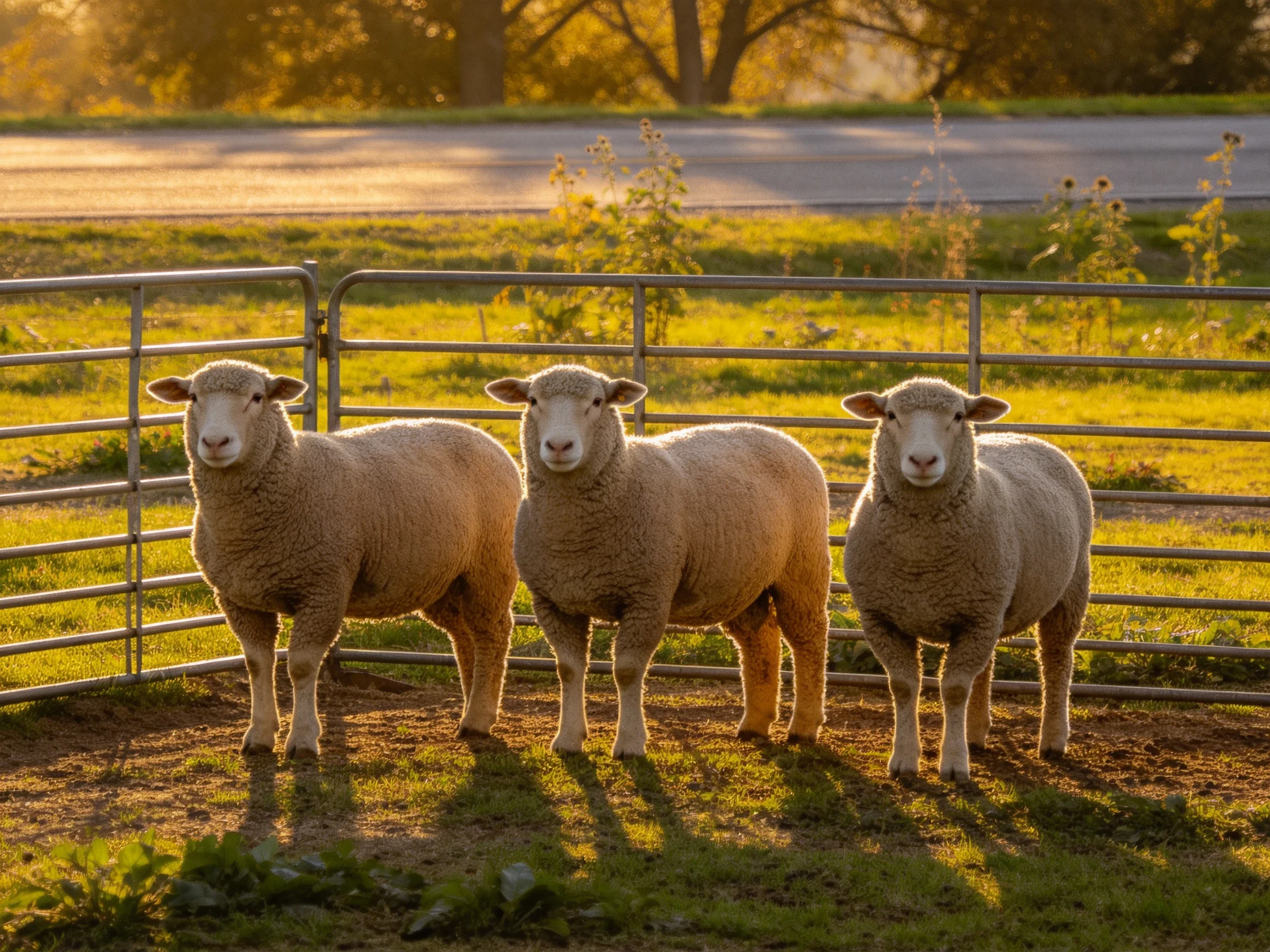 Three light-brown sheep near a metal fence in golden sunlight