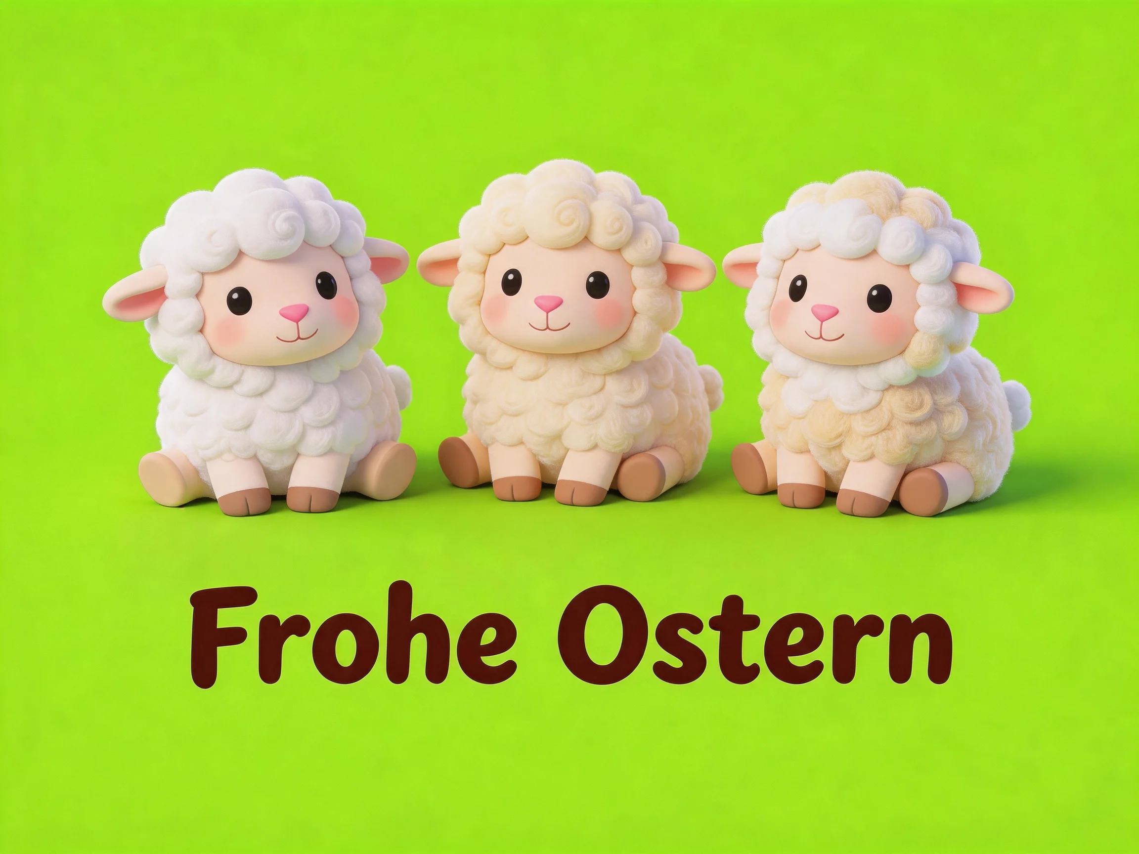 Three plush sheep figurines on vibrant green background with Easter greeting