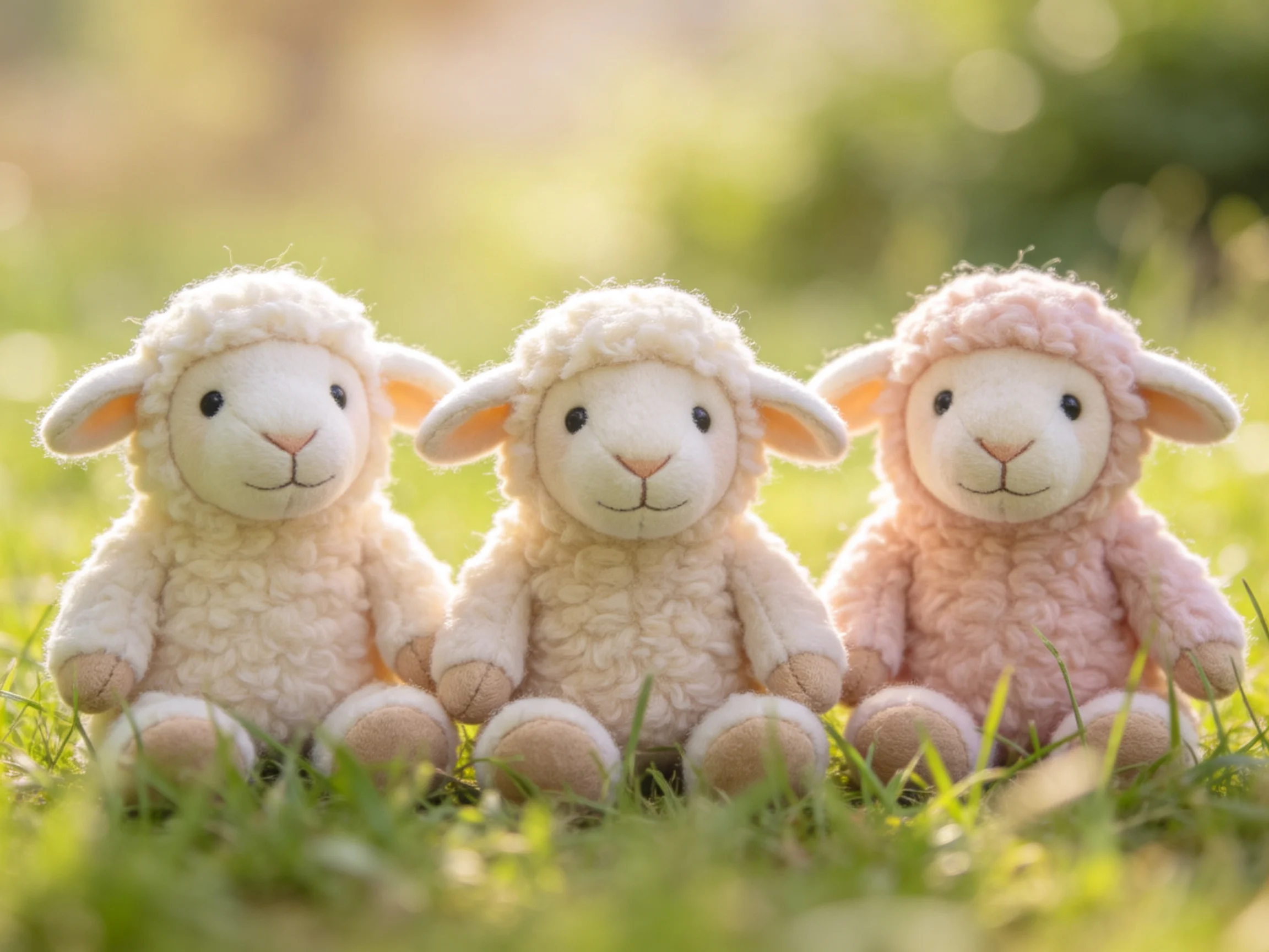Three plush sheep toys in soft pastel hues on grass