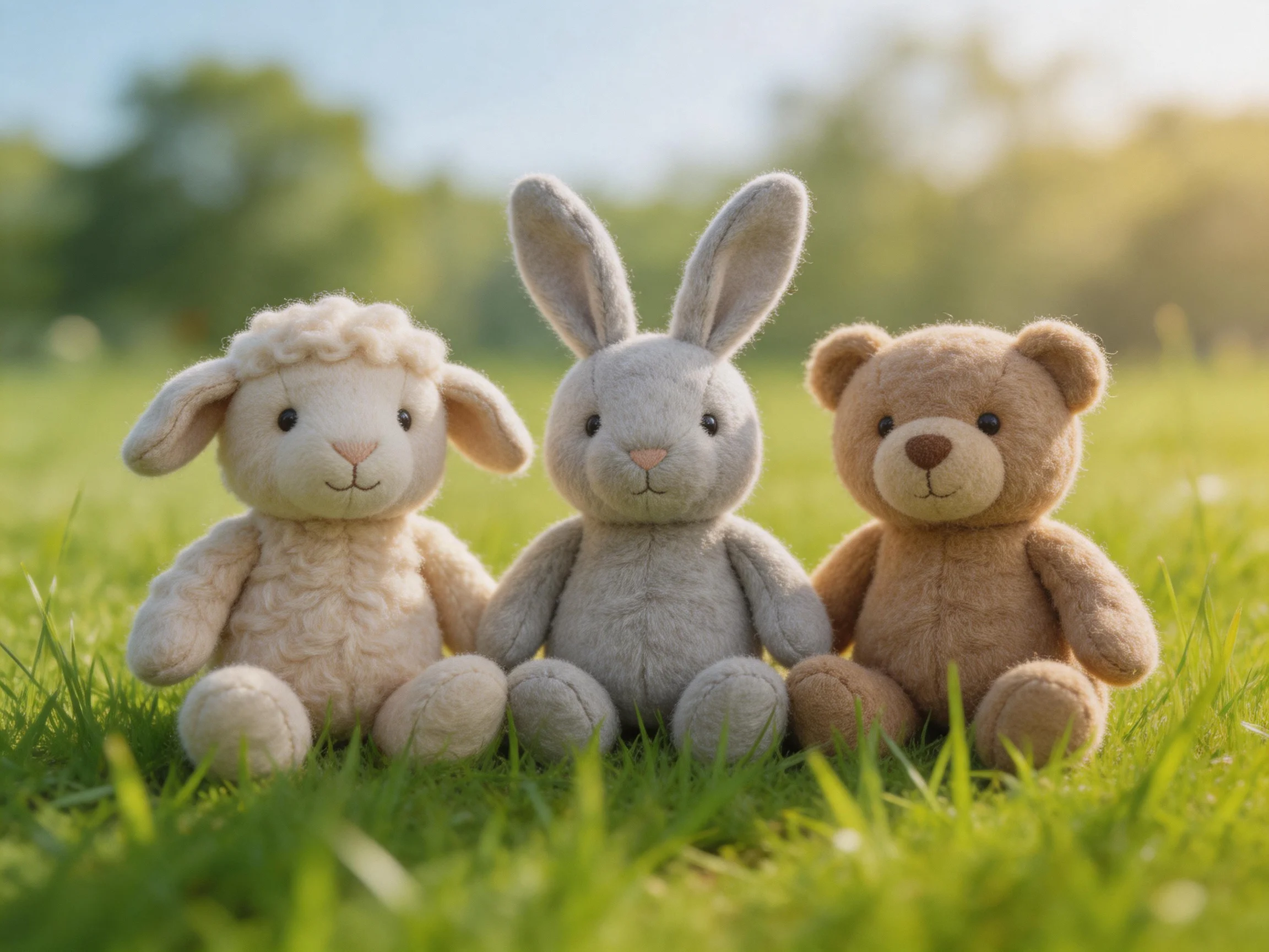 Three plush toys—a sheep, rabbit, and teddy bear—sit on green grass