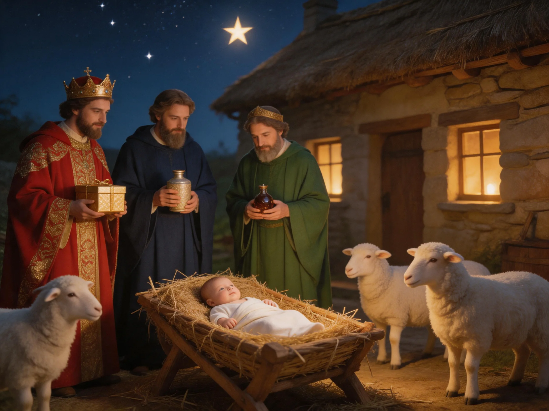 Three robed figures gather around a baby in a straw manger near sheep and a stone stable
