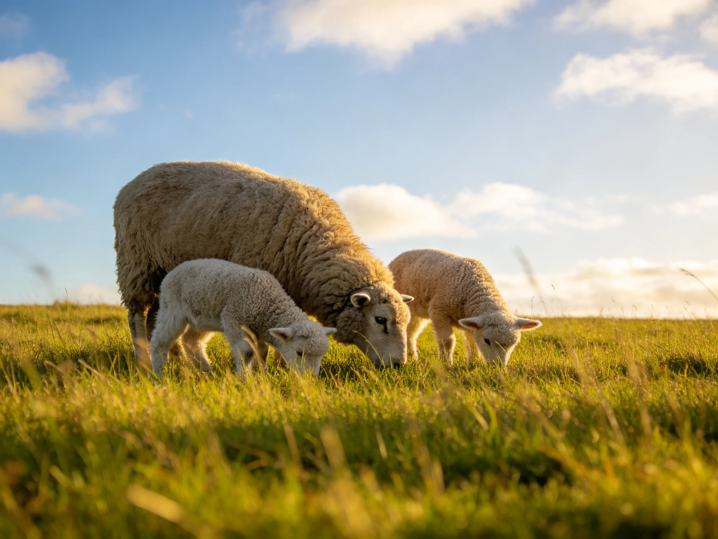 Three sheep—an adult and two lambs—graze in sunlit green meadow