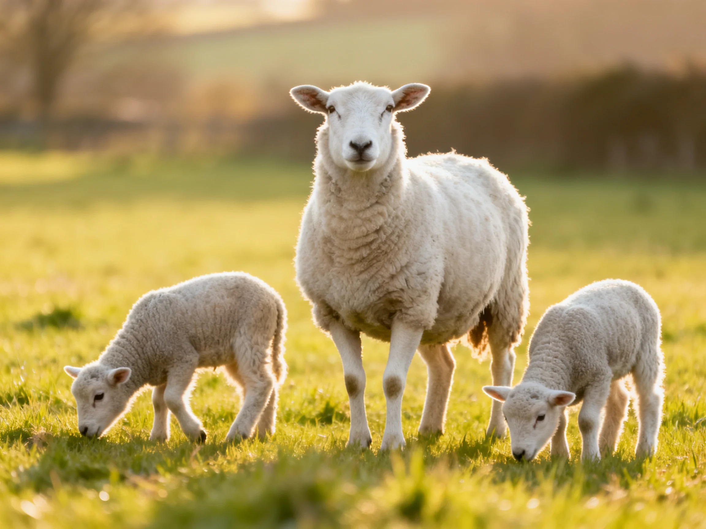 Three sheep—an adult and two lambs—in a sunlit green pasture