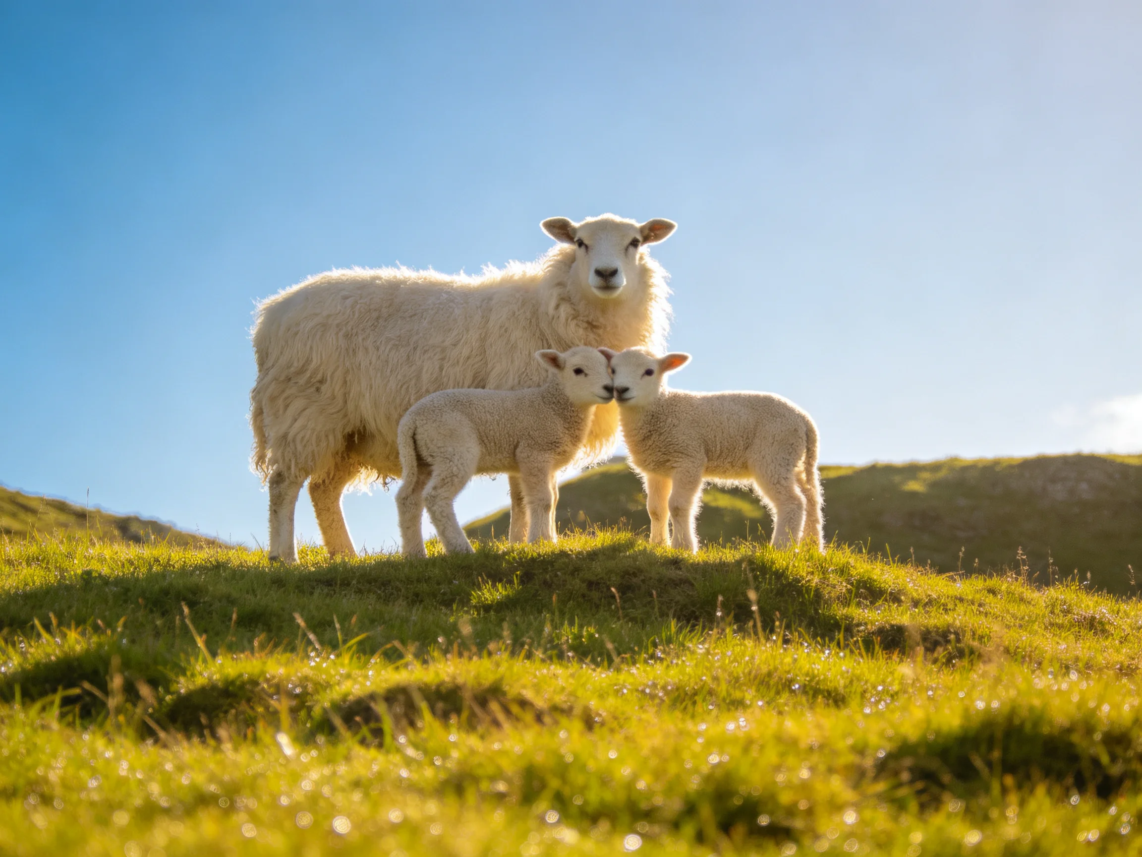Three sheep—an adult and two lambs—on a sunlit green hillside