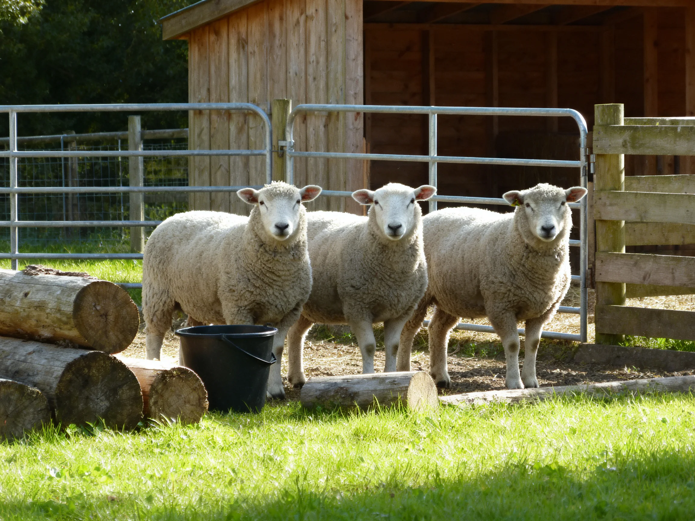 Three sheep by a wooden shed with logs and a black bucket