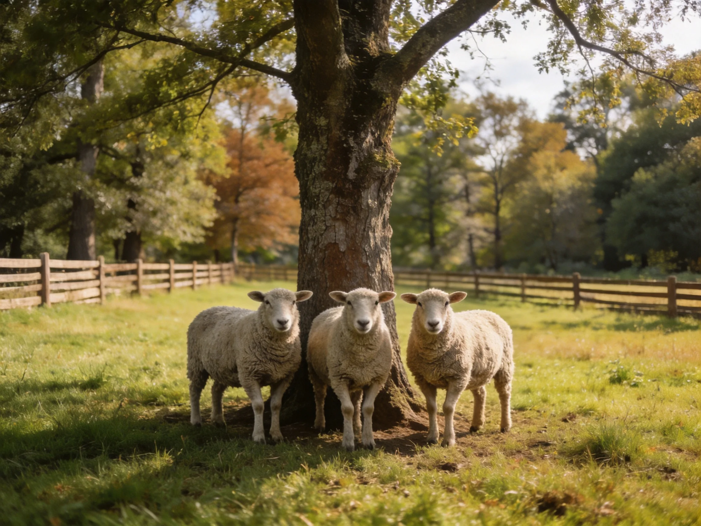 Three sheep gather near a large tree in a fenced pasture