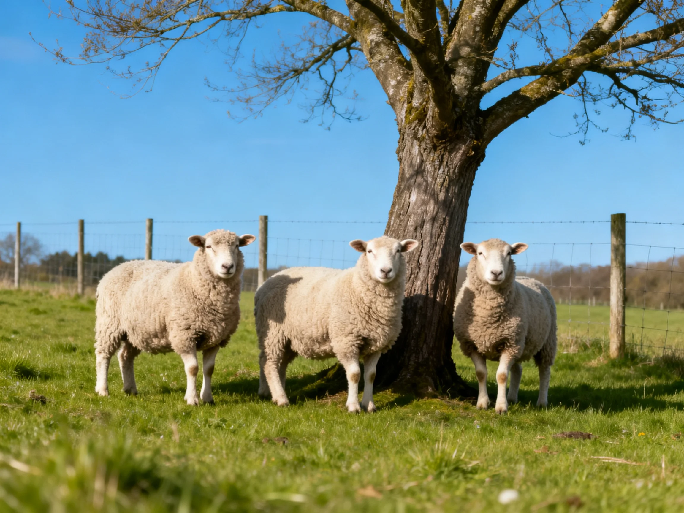 Three sheep gather near a large tree in a sunny pasture