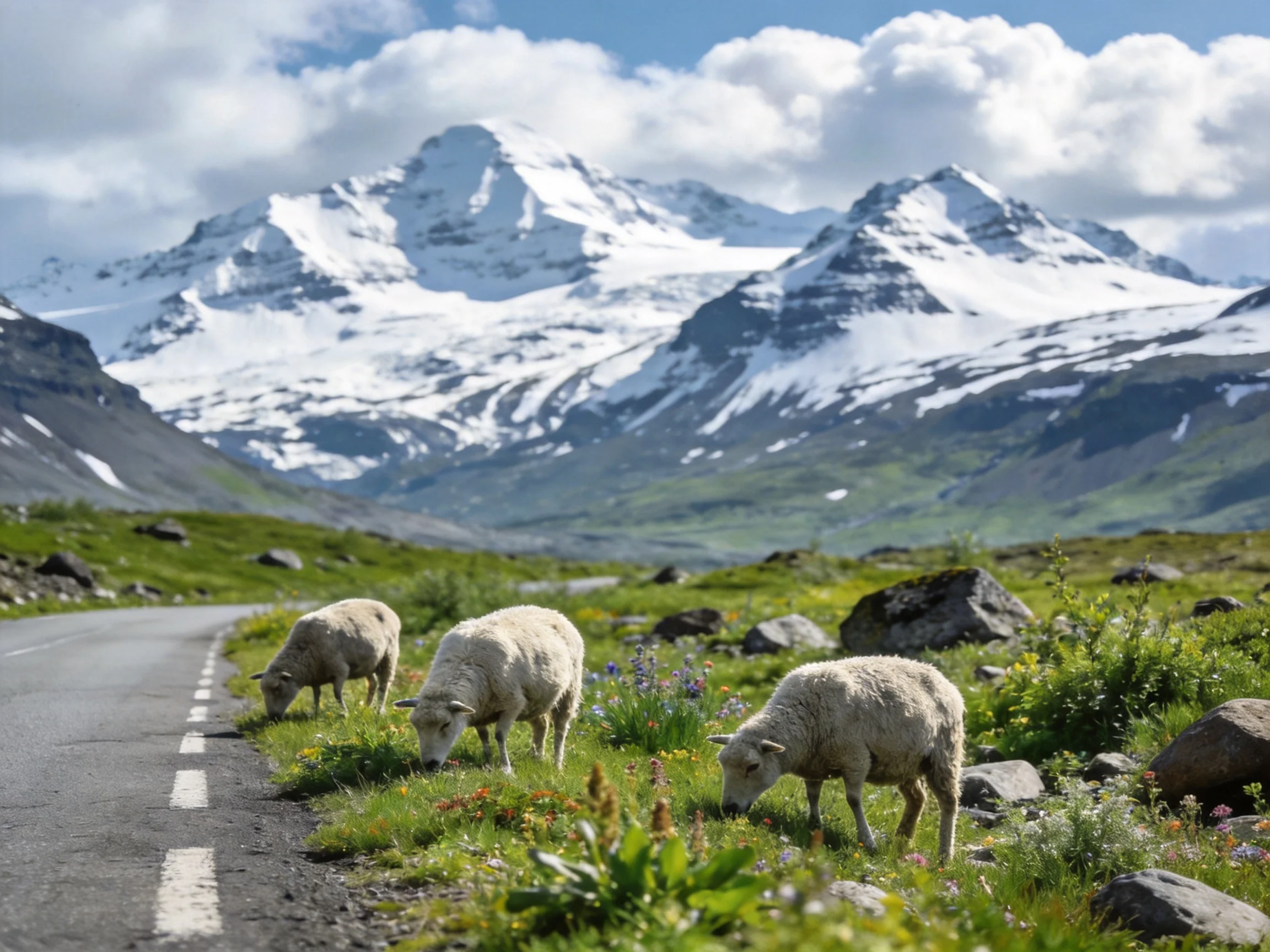Three sheep graze beside a paved road near snow - capped mountains